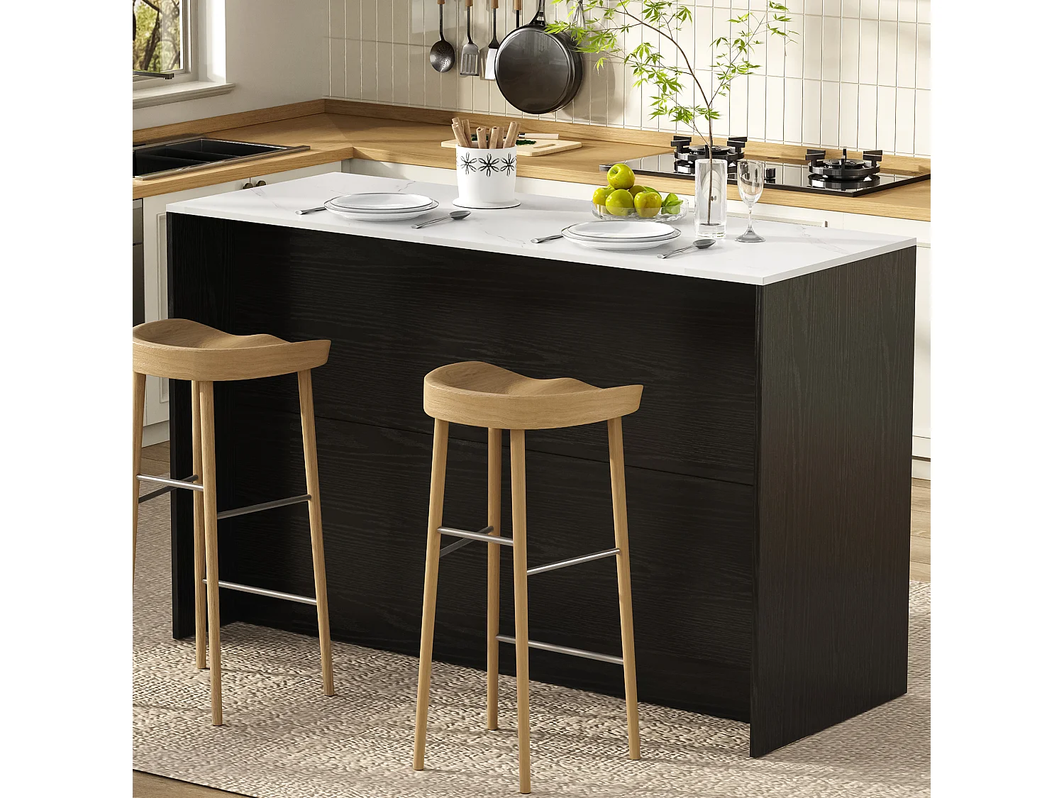 Isla central de cocina - con 4 puertas y 2 cajones - con iluminación LED - estante ajustable - Negro