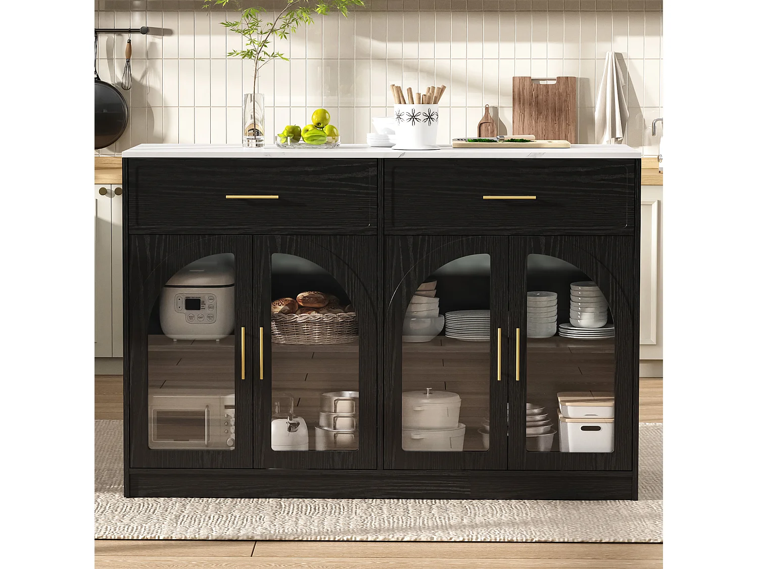 Isla central de cocina - con 4 puertas y 2 cajones - con iluminación LED - estante ajustable - Negro