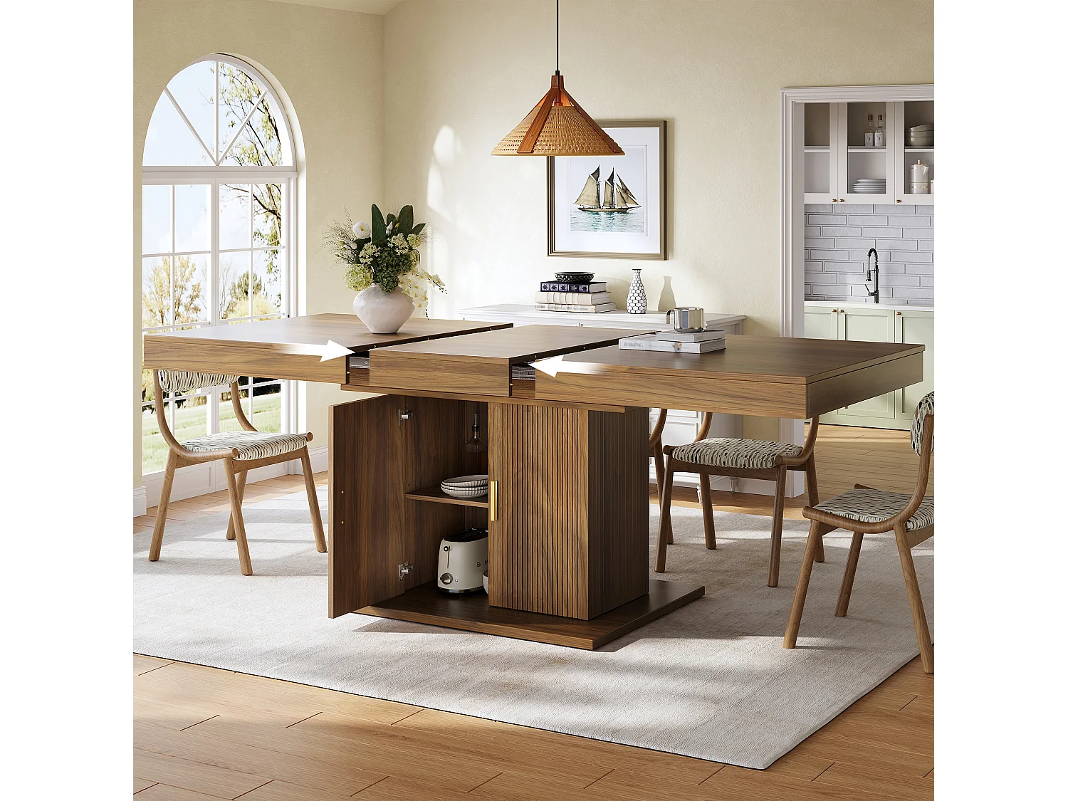 Matbord Utdragbart 140-180cm - Platsbesparande Bord med Central Förvaring & Räfflade Dörrar, Modern Stil - Valnöt