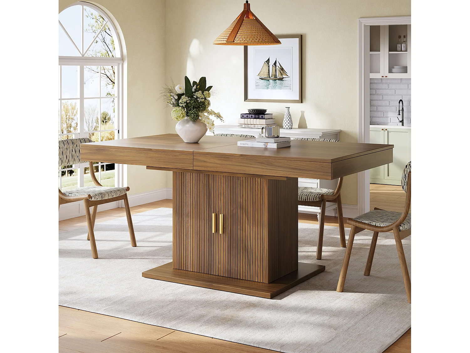 Matbord Utdragbart 140-180cm - Platsbesparande Bord med Central Förvaring & Räfflade Dörrar, Modern Stil - Valnöt