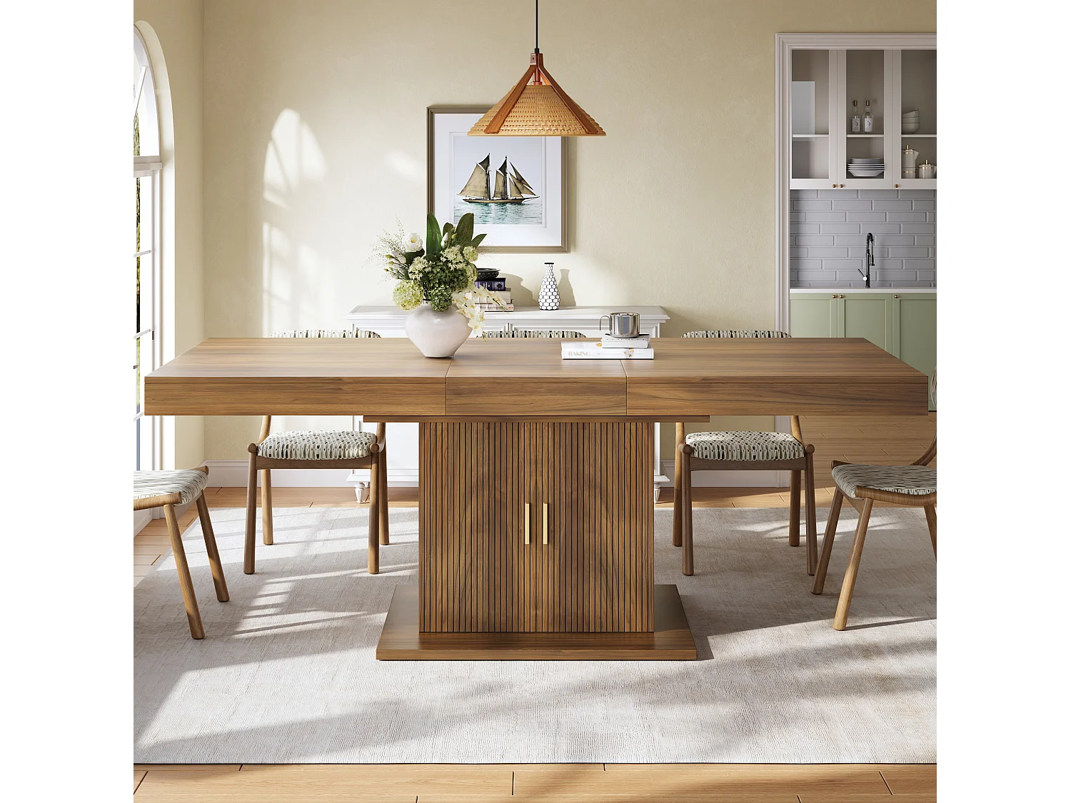 Matbord Utdragbart 140-180cm - Platsbesparande Bord med Central Förvaring & Räfflade Dörrar, Modern Stil - Valnöt