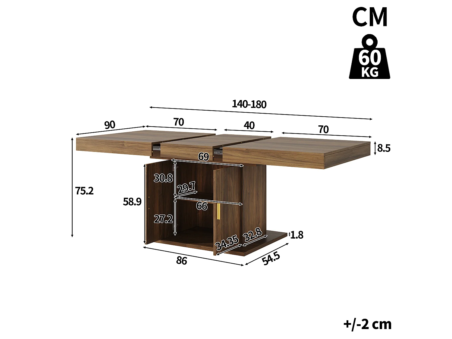 Matbord Utdragbart 140-180cm - Platsbesparande Bord med Central Förvaring & Räfflade Dörrar, Modern Stil - Valnöt