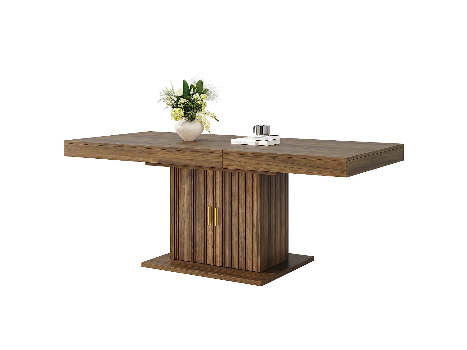 Matbord Utdragbart 140-180cm - Platsbesparande Bord med Central Förvaring & Räfflade Dörrar, Modern Stil - Valnöt