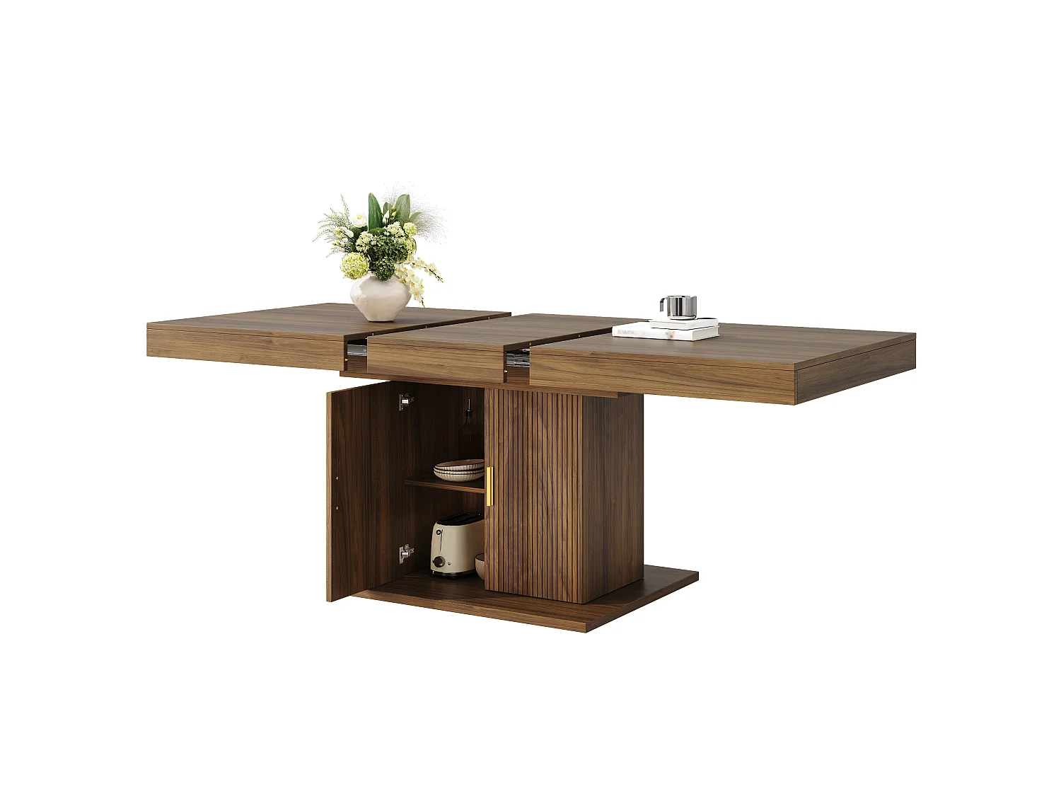 Matbord Utdragbart 140-180cm - Platsbesparande Bord med Central Förvaring & Räfflade Dörrar, Modern Stil - Valnöt