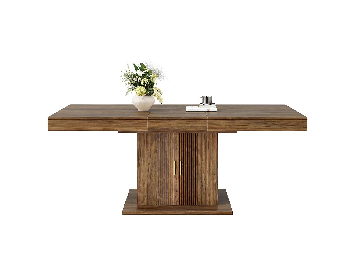 Matbord Utdragbart 140-180cm - Platsbesparande Bord med Central Förvaring & Räfflade Dörrar, Modern Stil - Valnöt