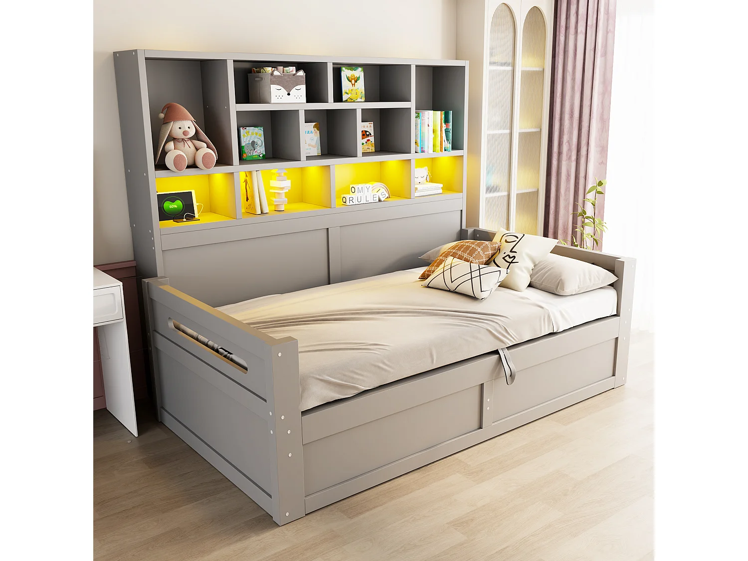 Wooden storage sofa bed 90 x 200 cm - with LED light - with electrical outlet - gray (mattress not included)