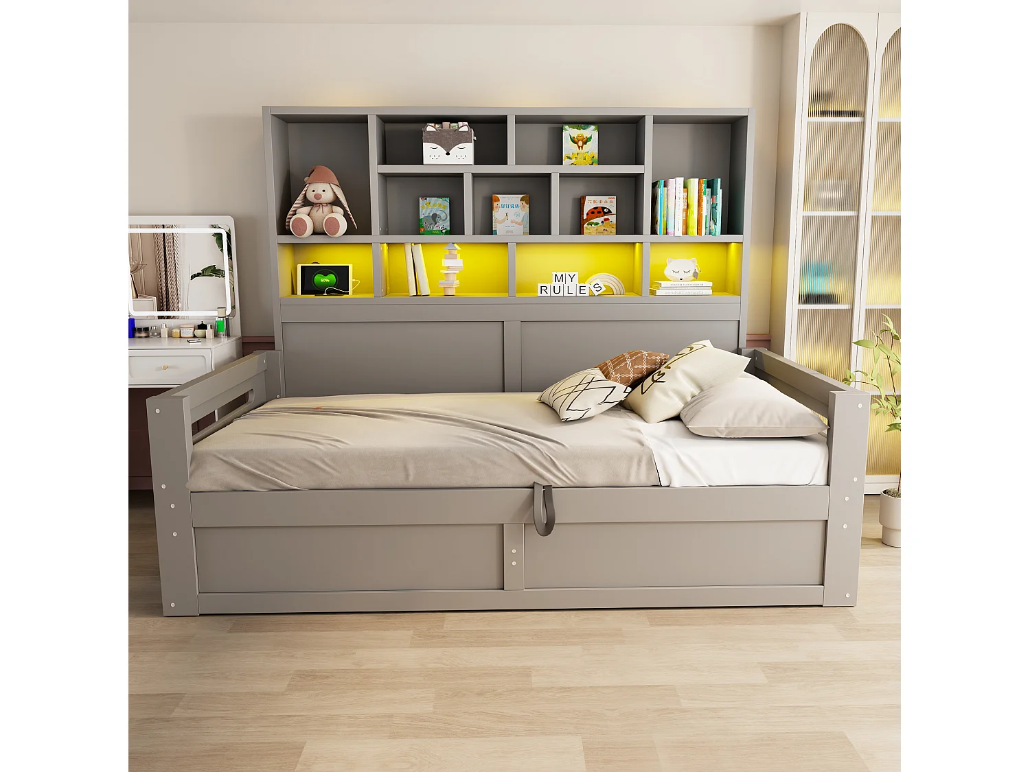 Wooden storage sofa bed 90 x 200 cm - with LED light - with electrical outlet - gray (mattress not included)