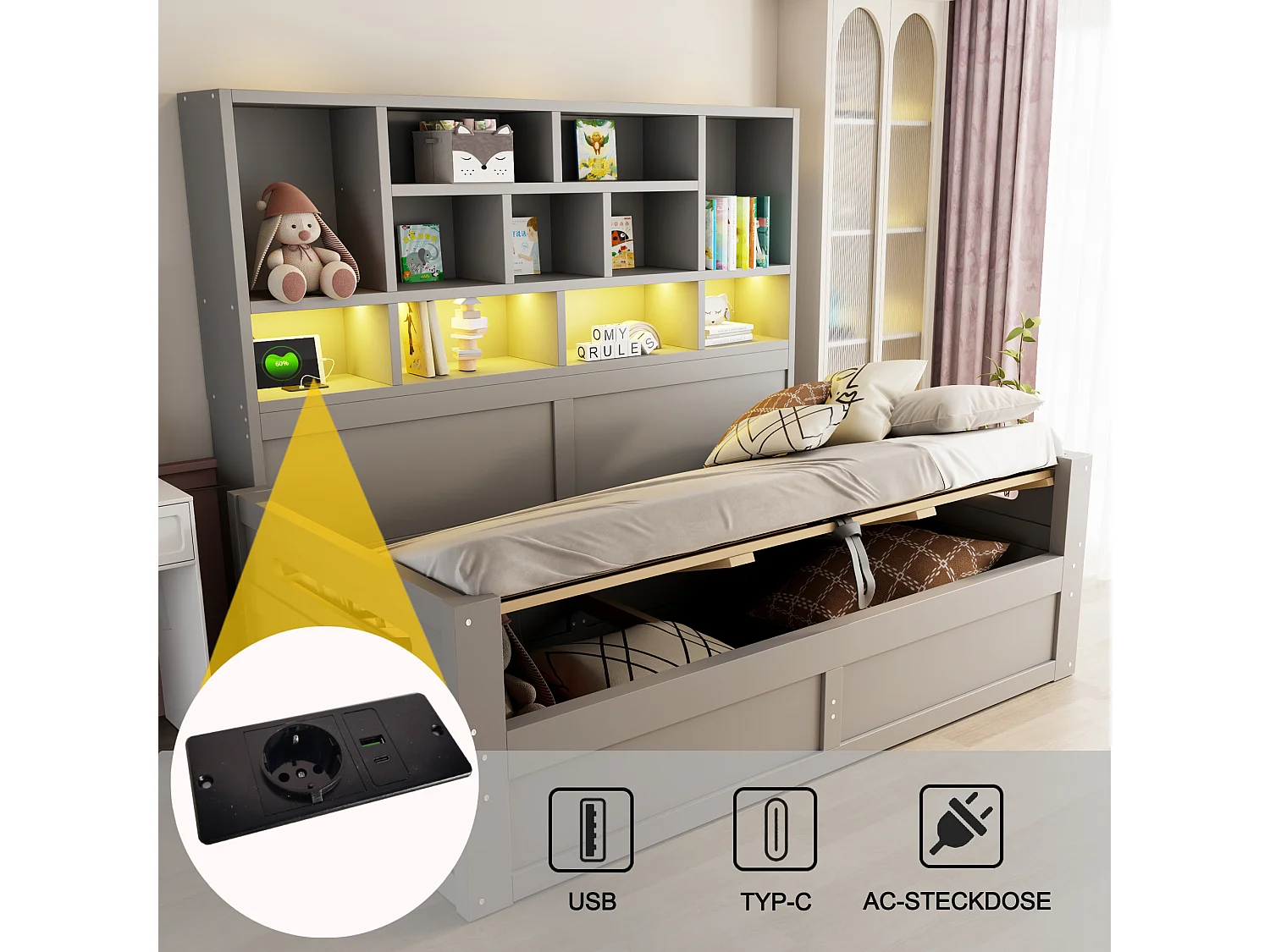 Wooden storage sofa bed 90 x 200 cm - with LED light - with electrical outlet - gray (mattress not included)