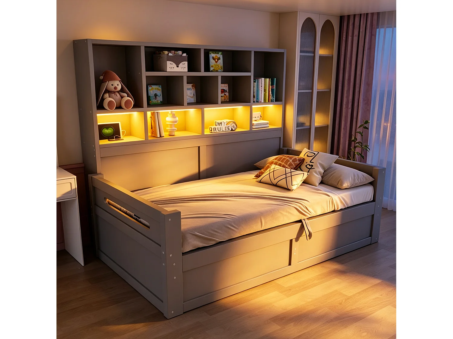 Wooden storage sofa bed 90 x 200 cm - with LED light - with electrical outlet - gray (mattress not included)