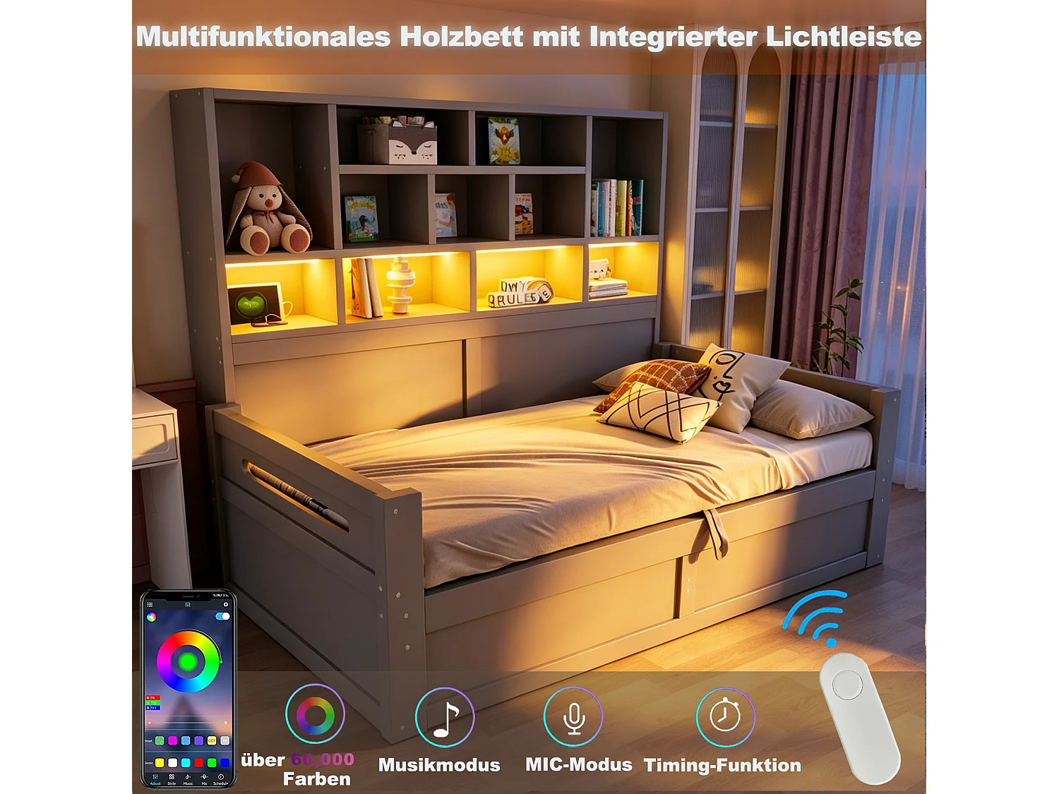 Wooden storage sofa bed 90 x 200 cm - with LED light - with electrical outlet - gray (mattress not included)