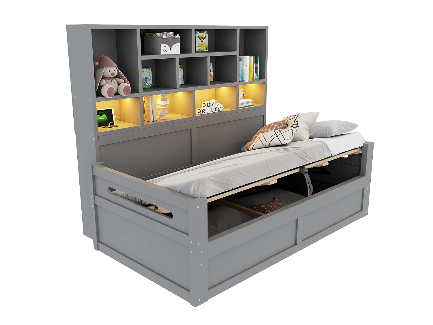 Wooden storage sofa bed 90 x 200 cm - with LED light - with electrical outlet - gray (mattress not included)