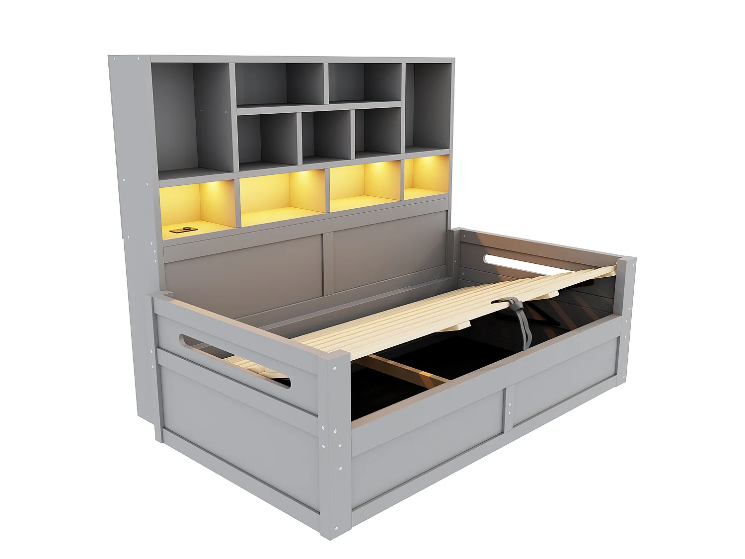 Wooden storage sofa bed 90 x 200 cm - with LED light - with electrical outlet - gray (mattress not included)