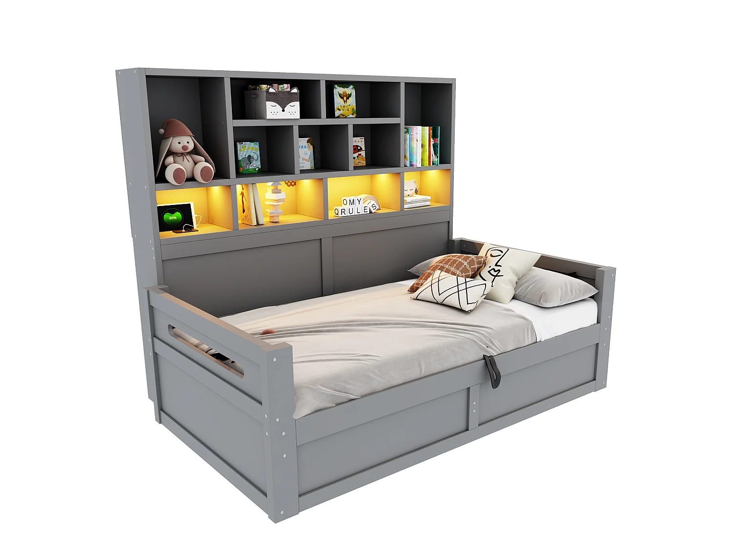 Wooden storage sofa bed 90 x 200 cm - with LED light - with electrical outlet - gray (mattress not included)