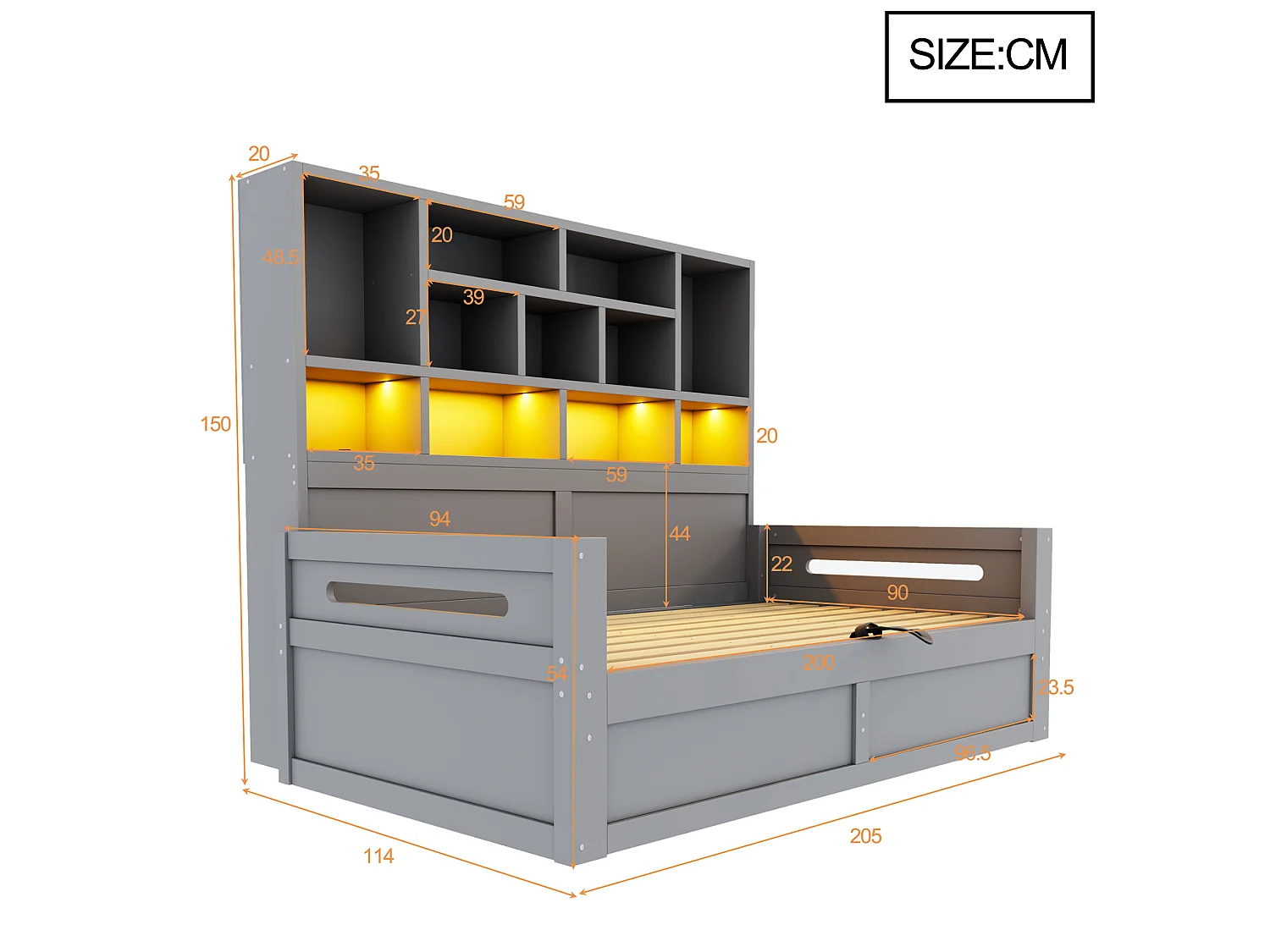Wooden storage sofa bed 90 x 200 cm - with LED light - with electrical outlet - gray (mattress not included)