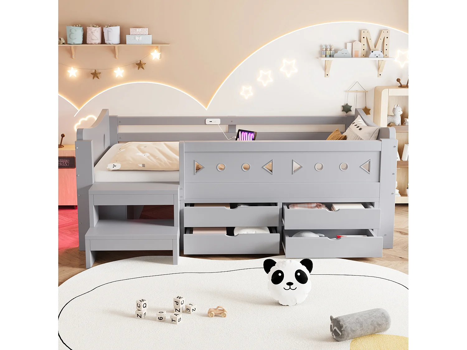 Kids bed 90 × 200 cm - with 4 drawers - with LED light - with USB + Type-C charging port - gray (mattress not included)