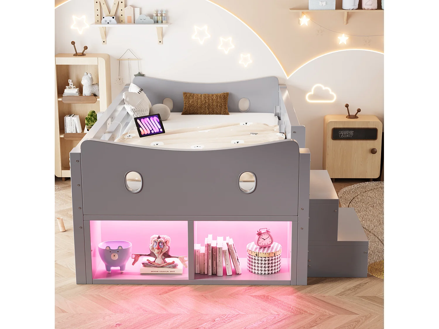 Kids bed 90 × 200 cm - with 4 drawers - with LED light - with USB + Type-C charging port - gray (mattress not included)