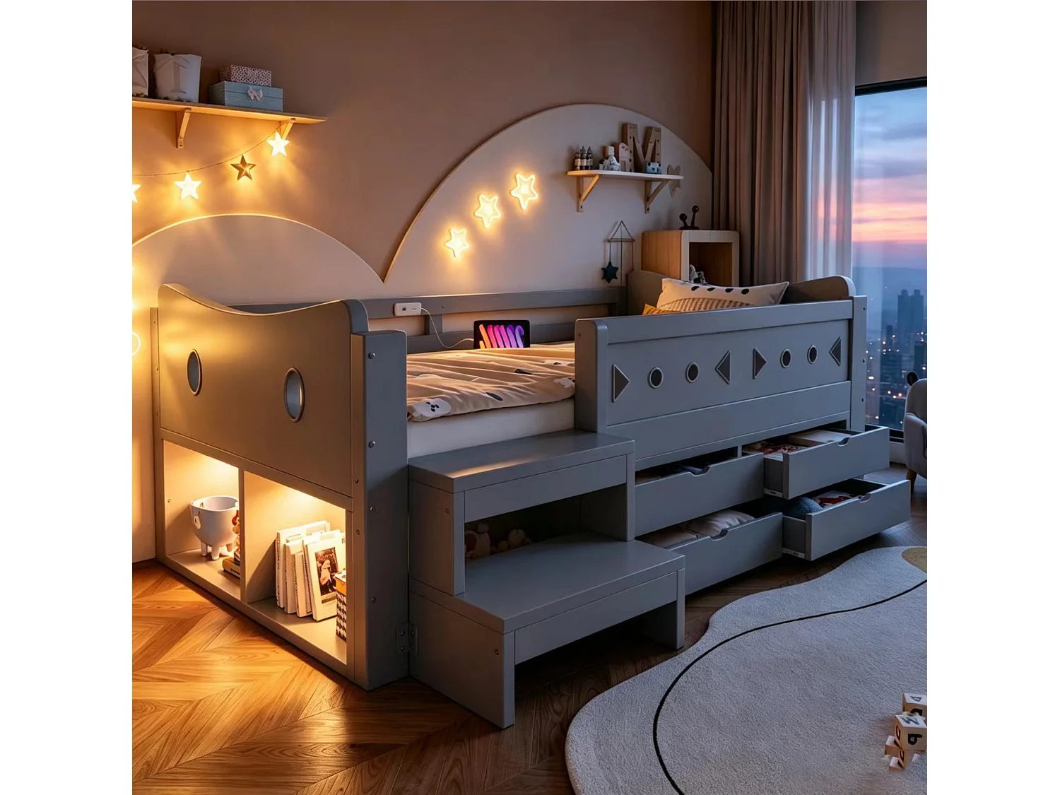 Kids bed 90 × 200 cm - with 4 drawers - with LED light - with USB + Type-C charging port - gray (mattress not included)