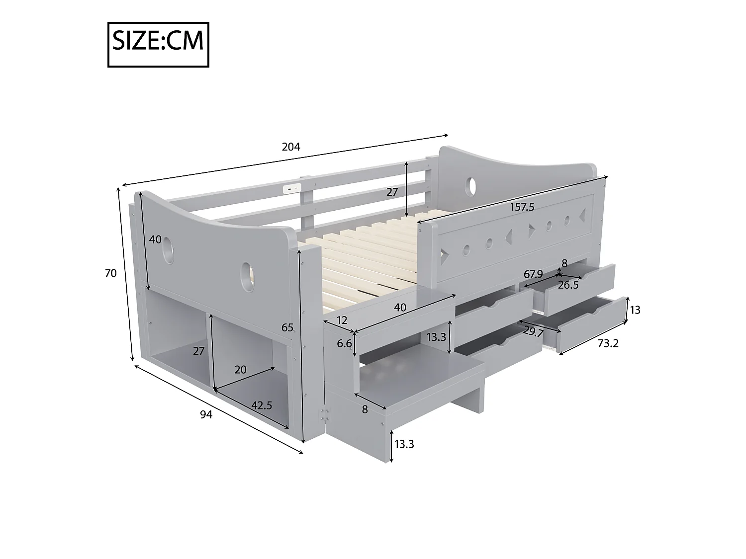 Kids bed 90 × 200 cm - with 4 drawers - with LED light - with USB + Type-C charging port - gray (mattress not included)