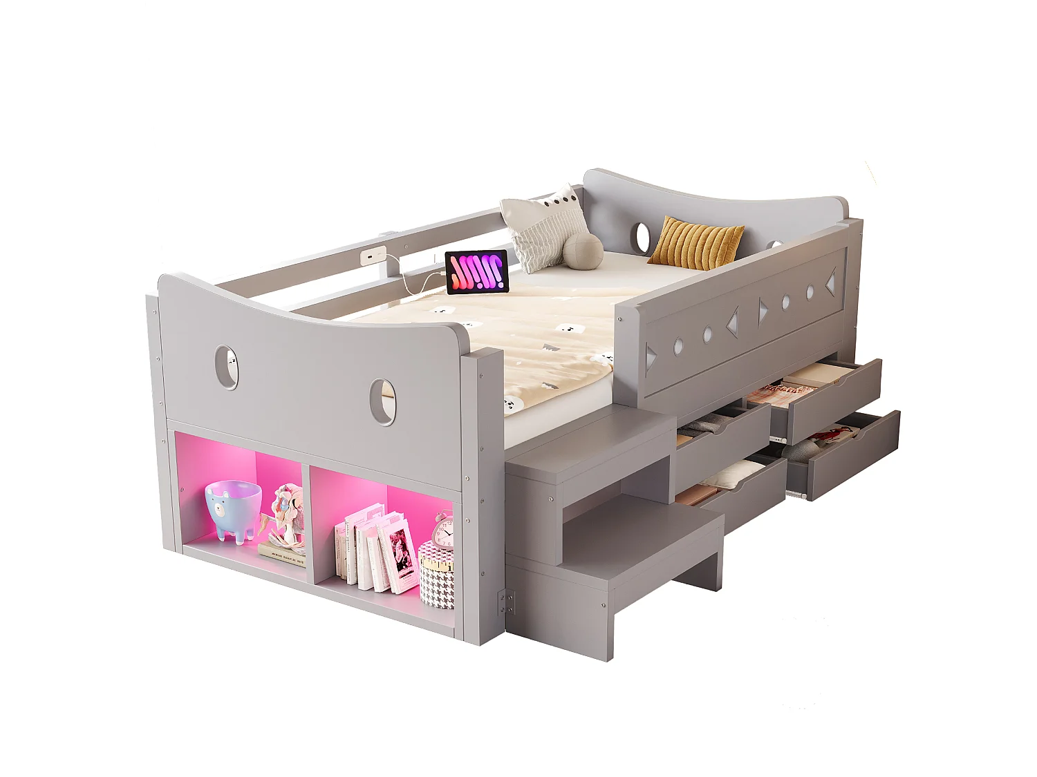 Kids bed 90 × 200 cm - with 4 drawers - with LED light - with USB + Type-C charging port - gray (mattress not included)