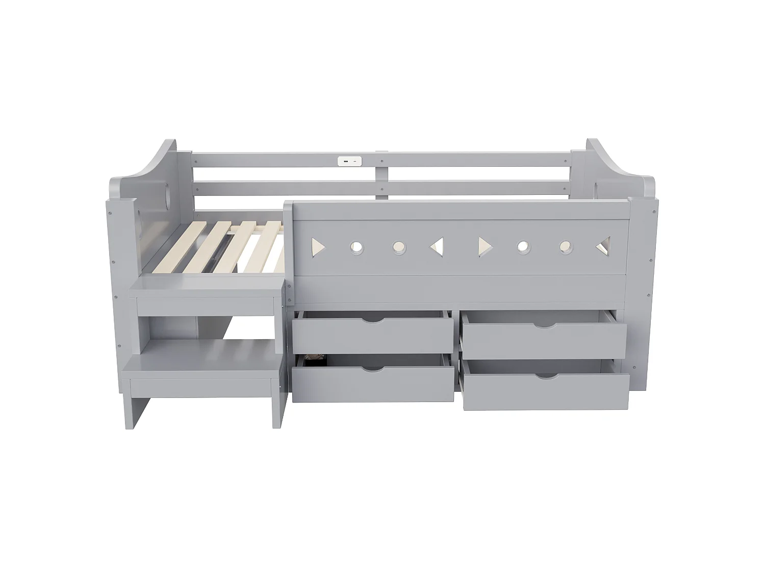 Kids bed 90 × 200 cm - with 4 drawers - with LED light - with USB + Type-C charging port - gray (mattress not included)