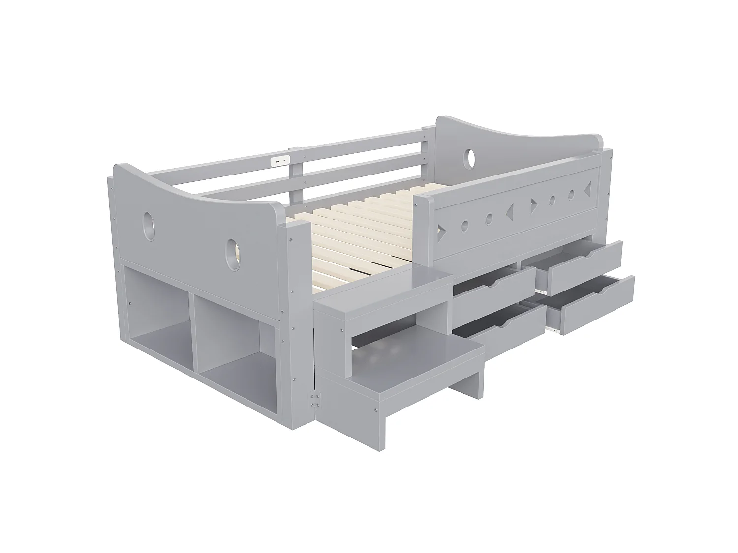 Kids bed 90 × 200 cm - with 4 drawers - with LED light - with USB + Type-C charging port - gray (mattress not included)
