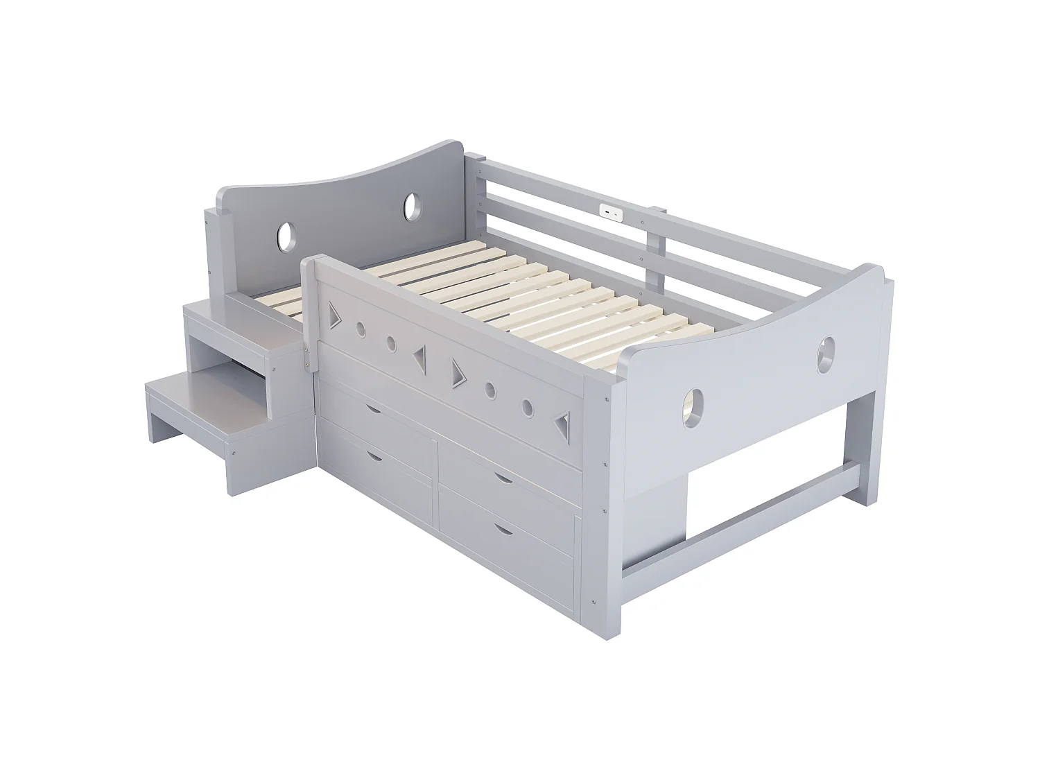 Kids bed 90 × 200 cm - with 4 drawers - with LED light - with USB + Type-C charging port - gray (mattress not included)