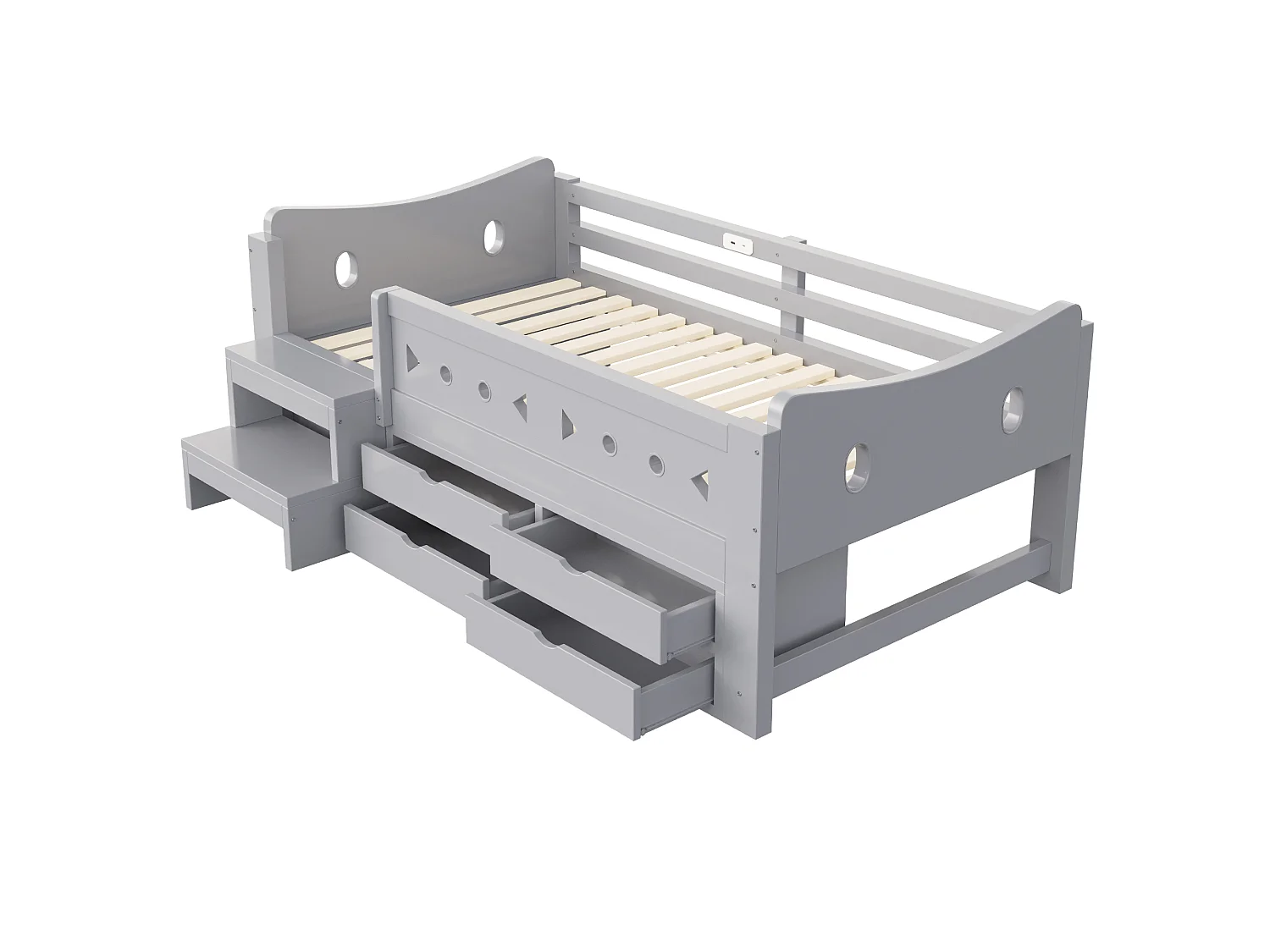 Kids bed 90 × 200 cm - with 4 drawers - with LED light - with USB + Type-C charging port - gray (mattress not included)