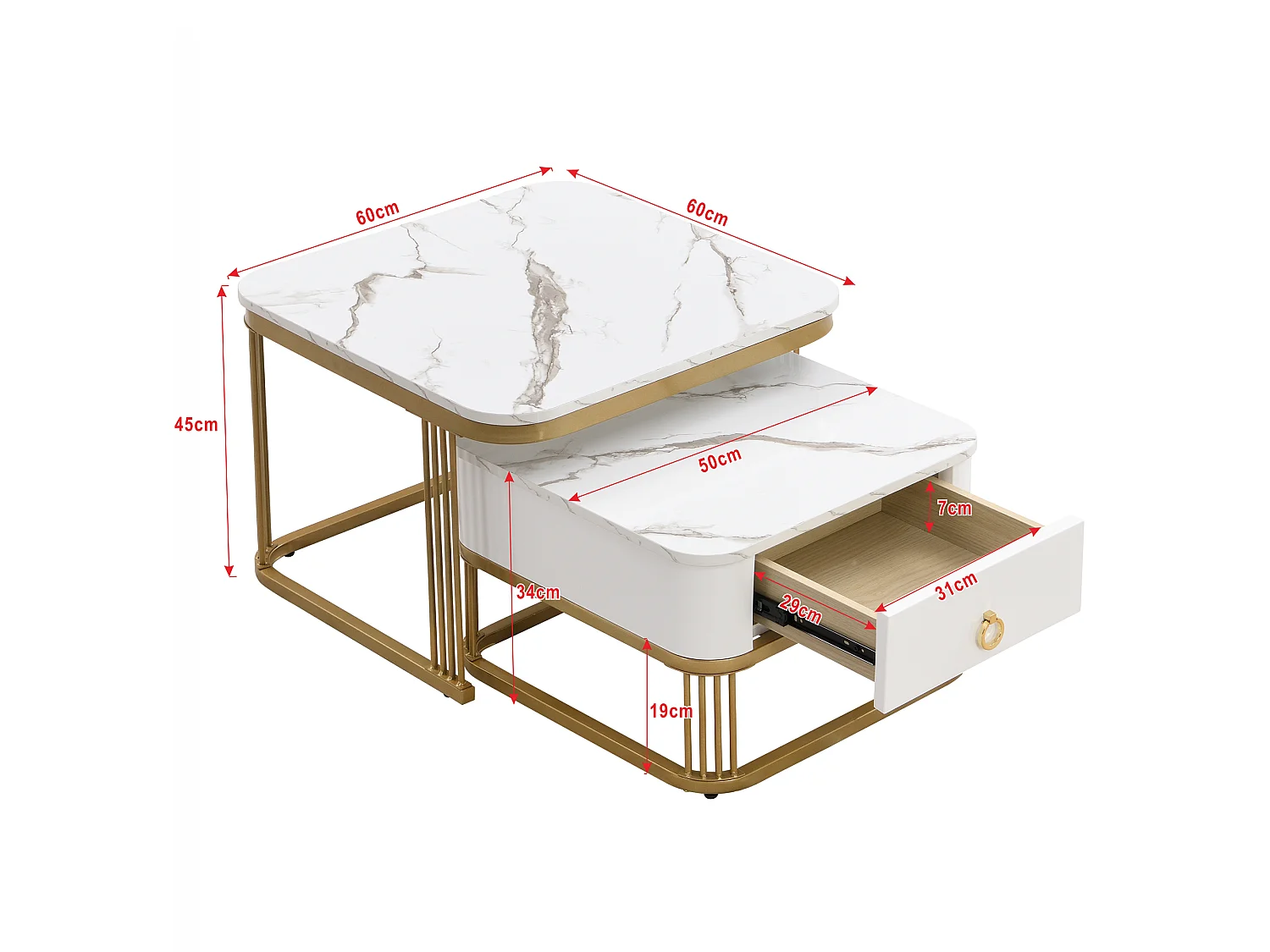 set van 2 salontafels - marmerlook glanzend - tafelpoten goudkleurig - met lade - wit