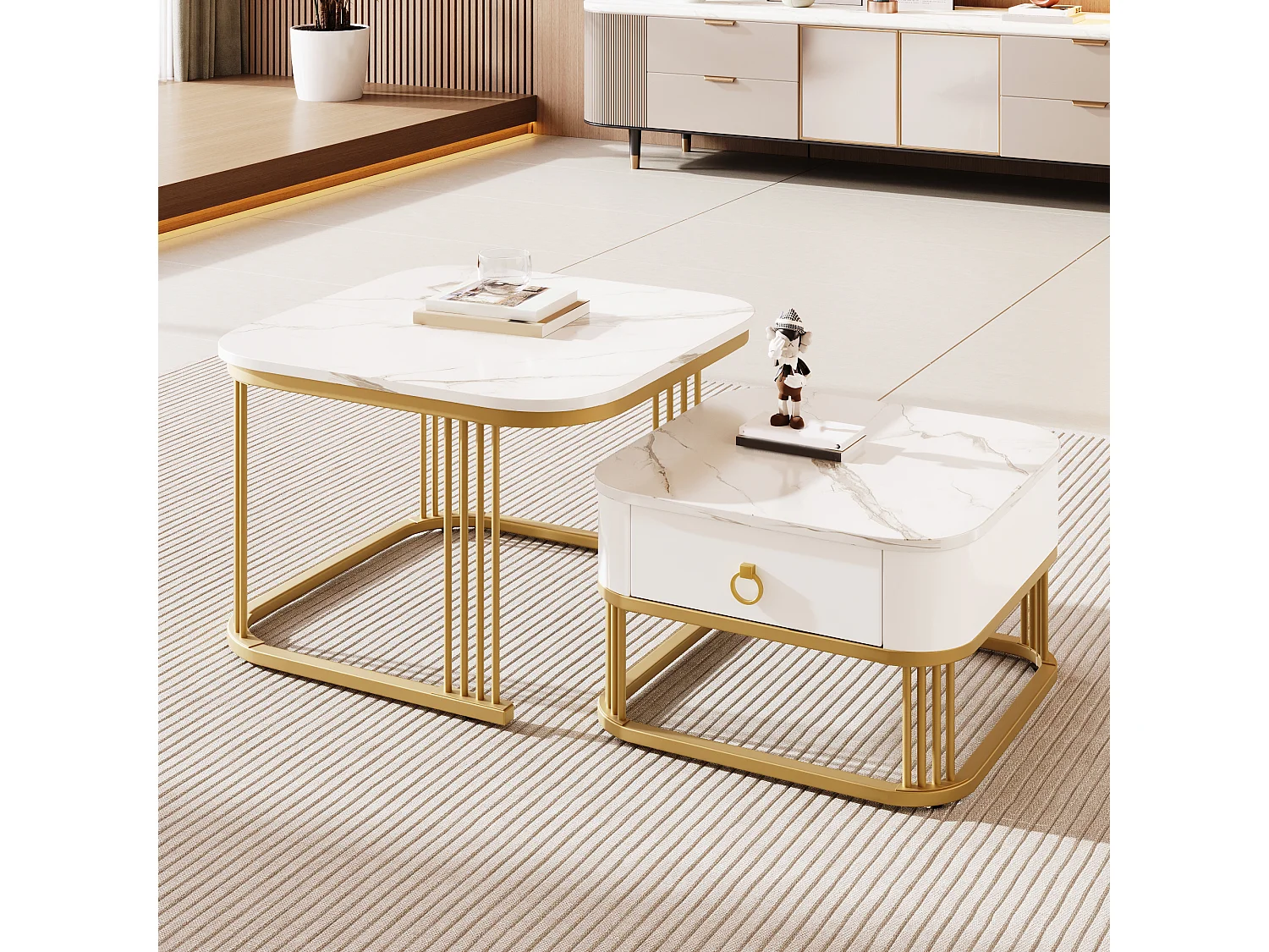 set van 2 salontafels - marmerlook glanzend - tafelpoten goudkleurig - met lade - wit
