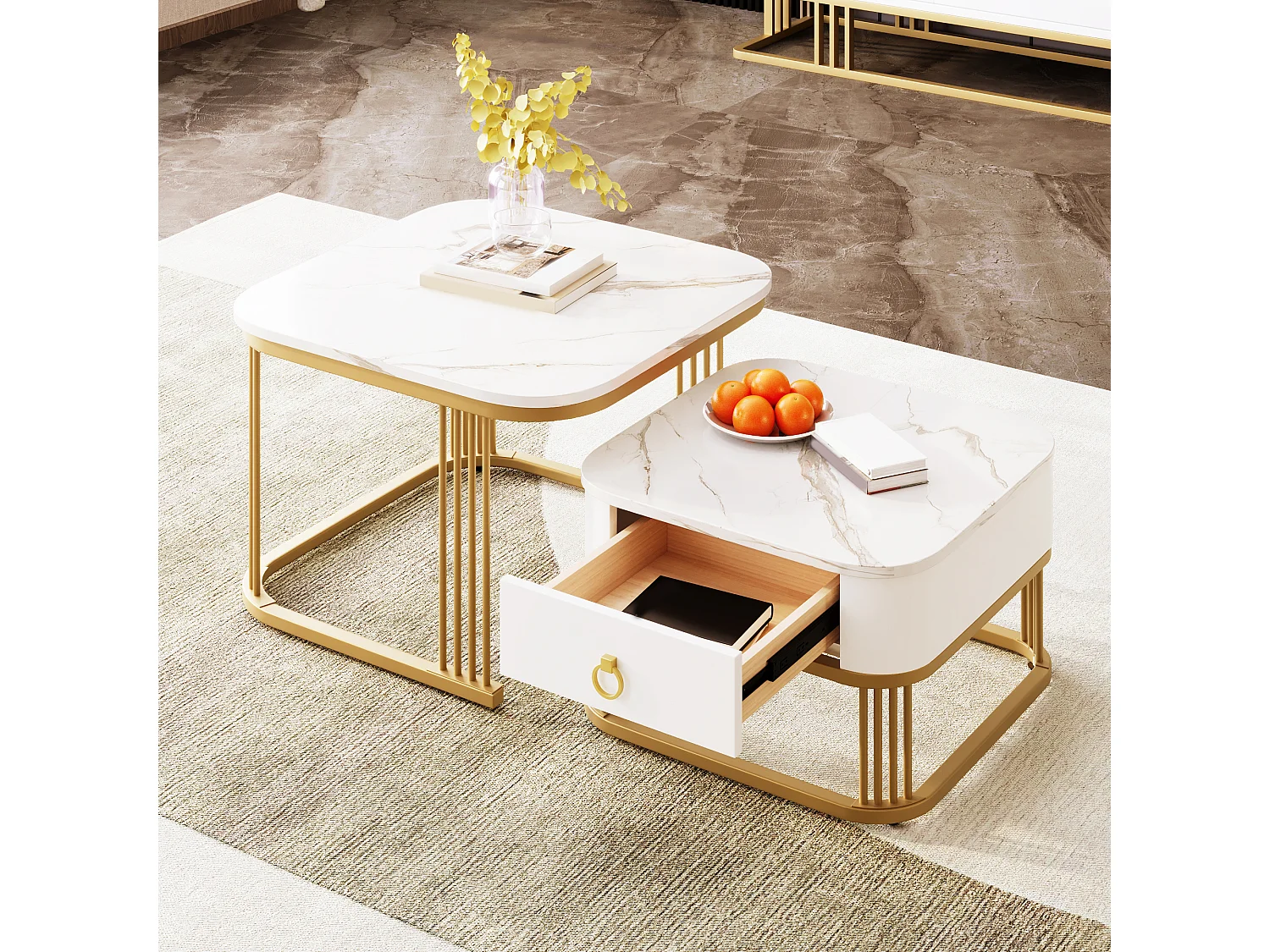 set van 2 salontafels - marmerlook glanzend - tafelpoten goudkleurig - met lade - wit