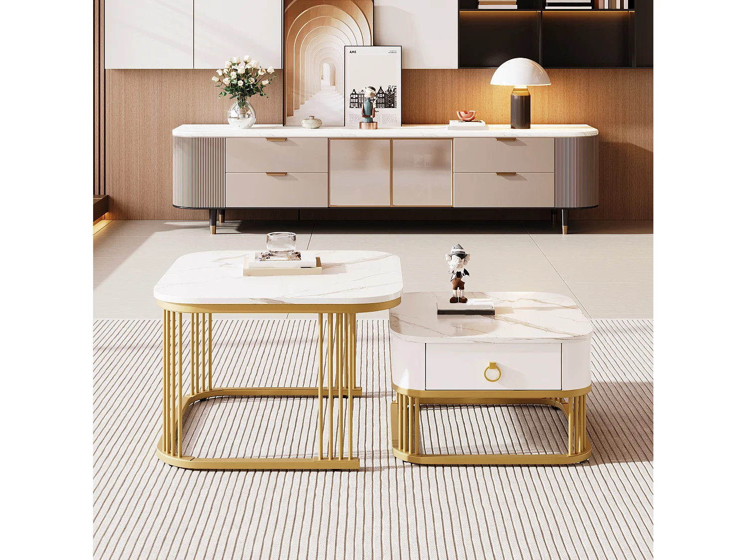 set van 2 salontafels - marmerlook glanzend - tafelpoten goudkleurig - met lade - wit
