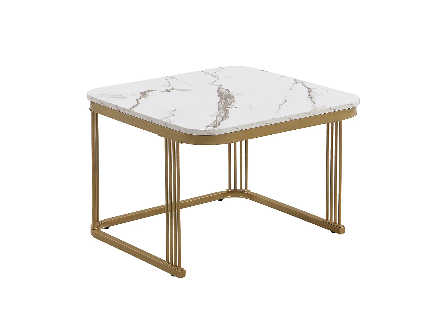 set van 2 salontafels - marmerlook glanzend - tafelpoten goudkleurig - met lade - wit