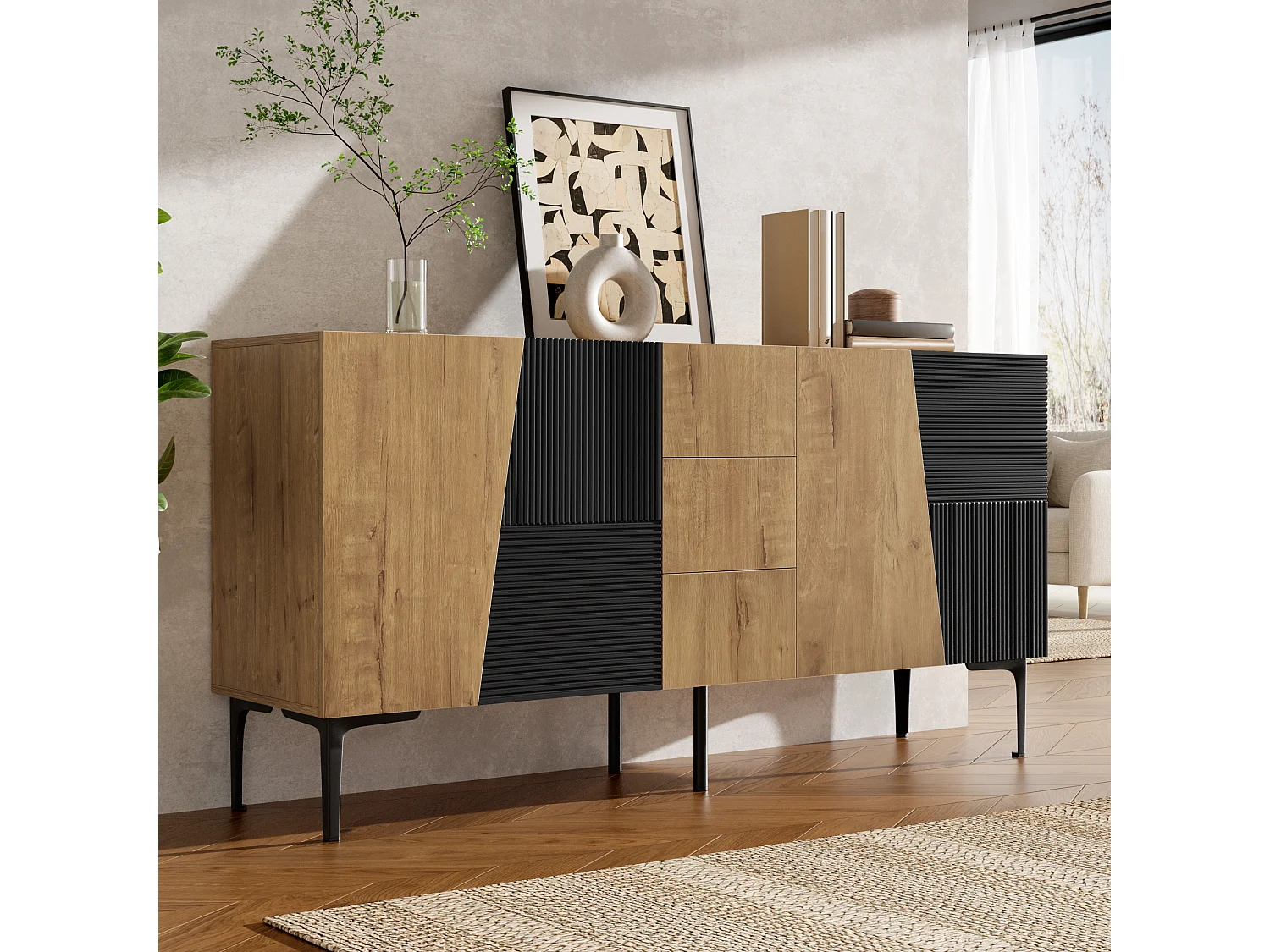 Modernt sideboard 160x40x80cm - med 3 lådor och 4 dörrar - möbelben i metall - Natur + Svart