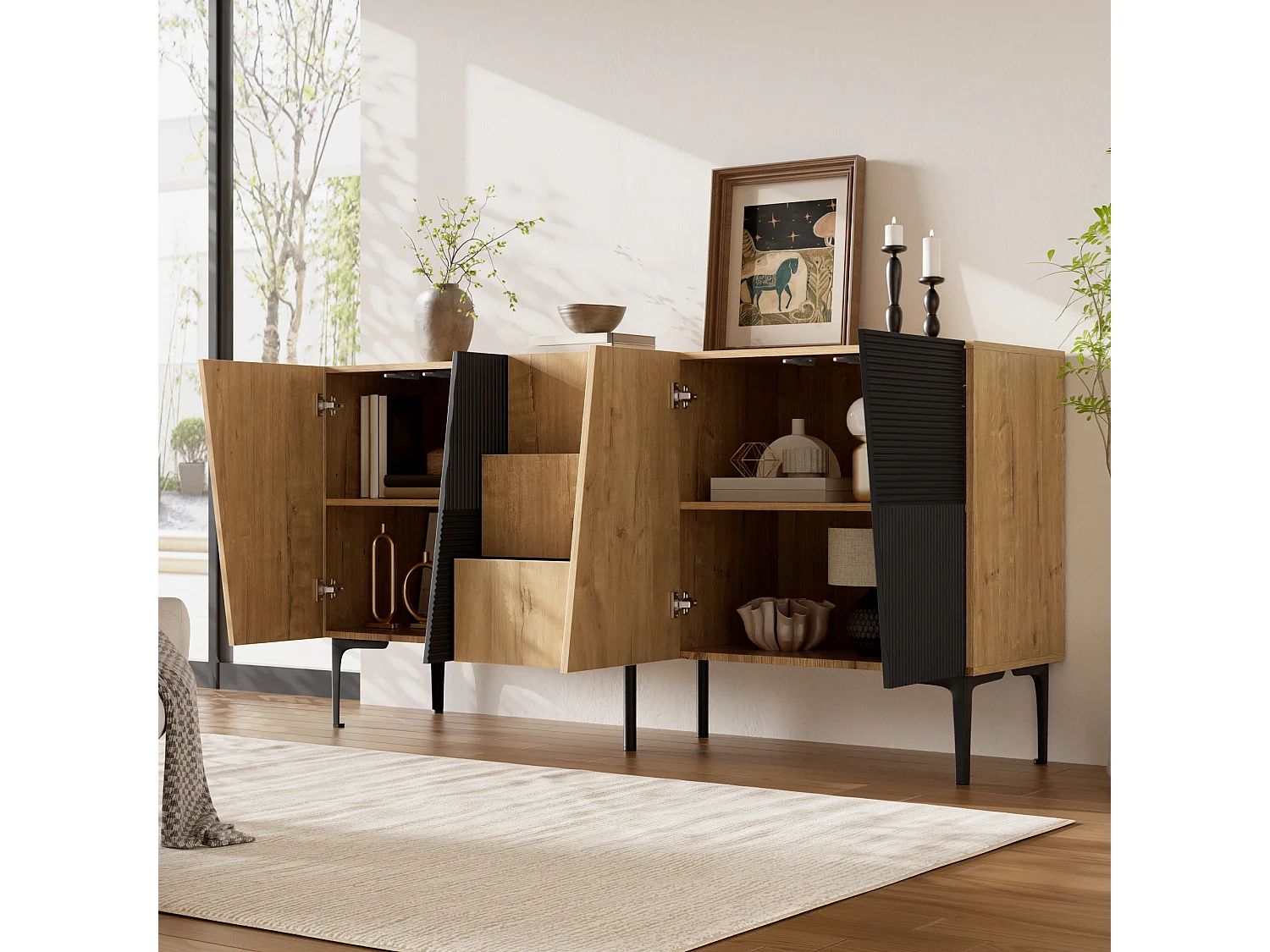 Modernt sideboard 160x40x80cm - med 3 lådor och 4 dörrar - möbelben i metall - Natur + Svart