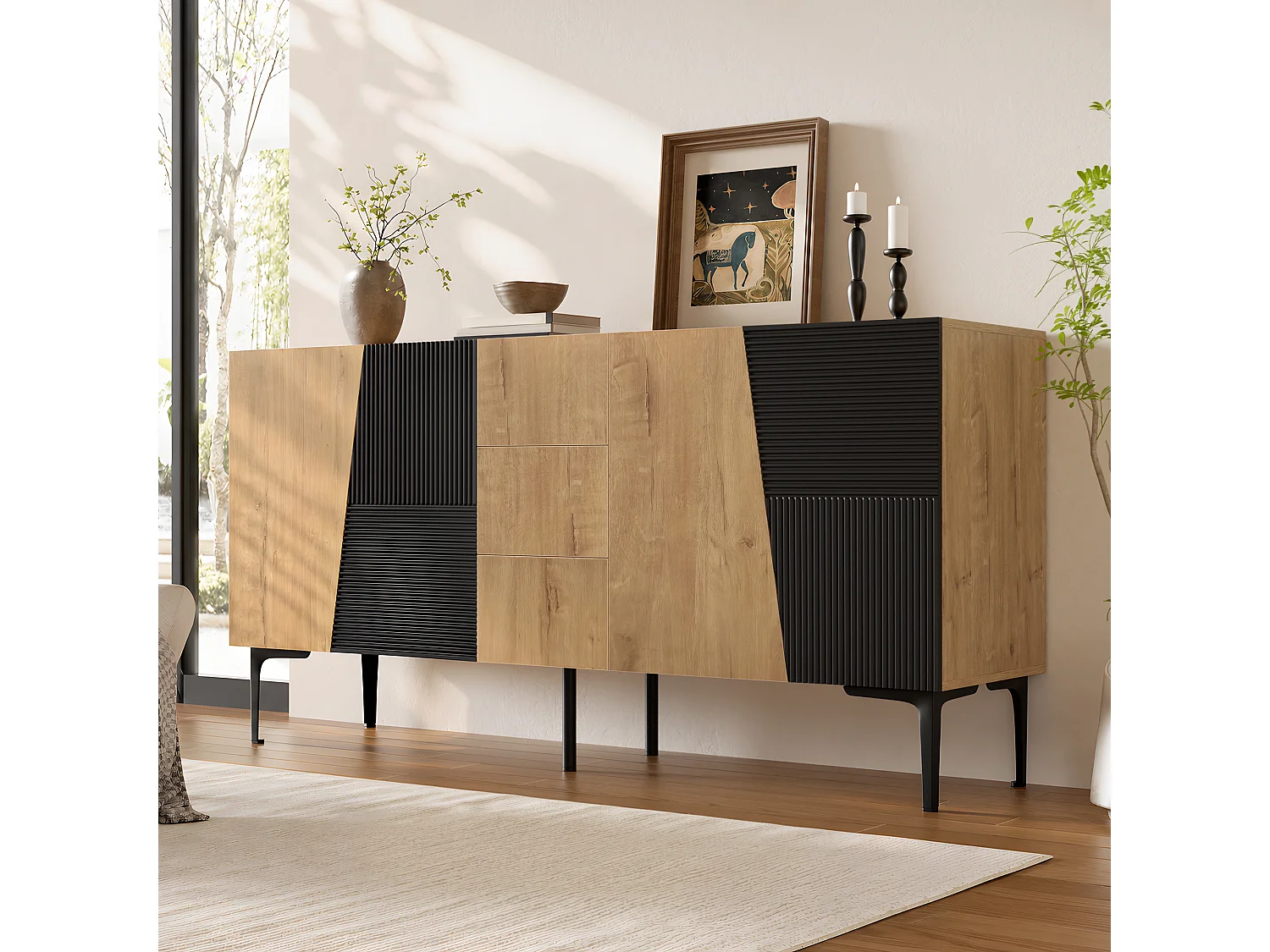 Modernt sideboard 160x40x80cm - med 3 lådor och 4 dörrar - möbelben i metall - Natur + Svart