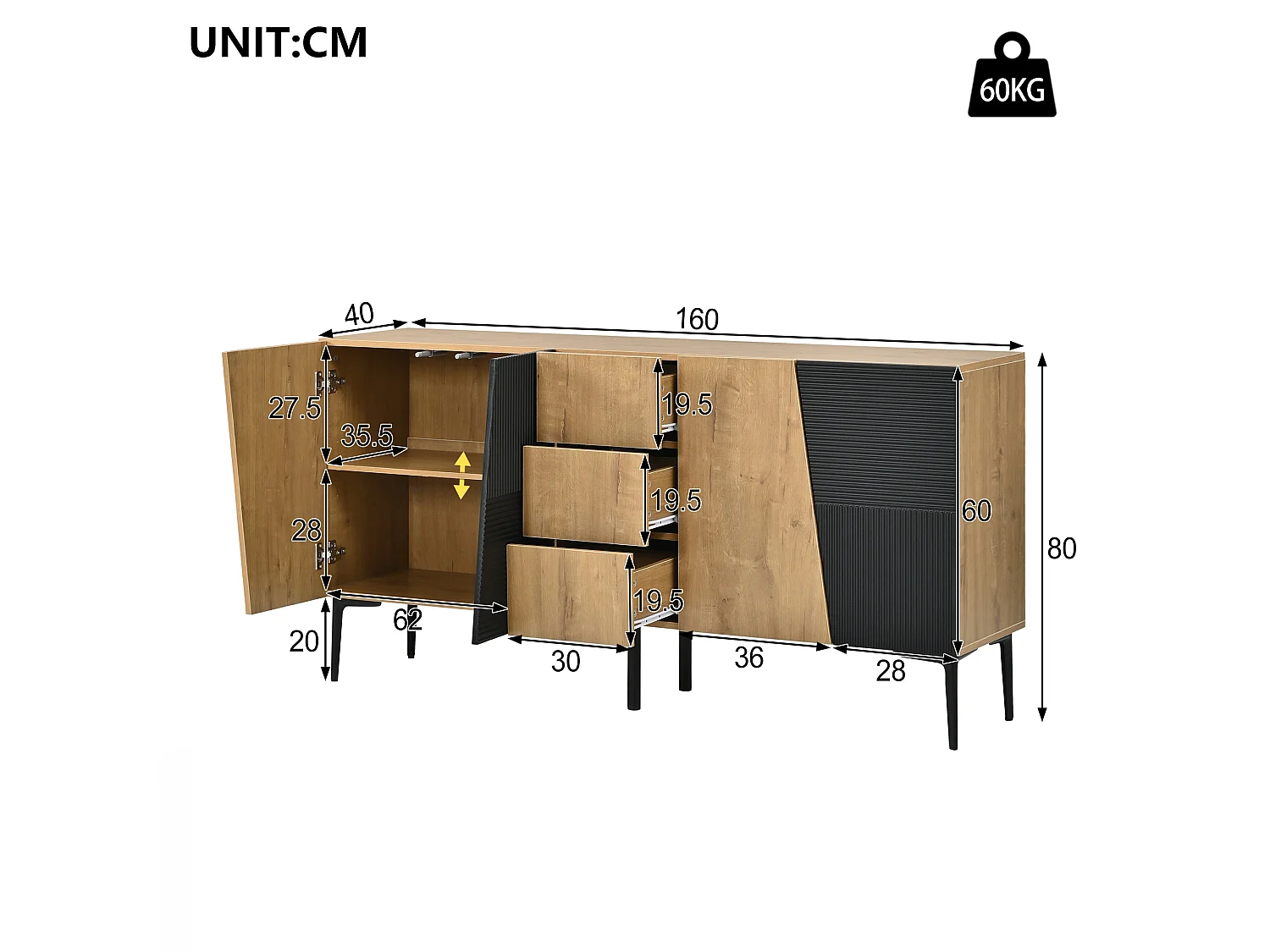 Modernt sideboard 160x40x80cm - med 3 lådor och 4 dörrar - möbelben i metall - Natur + Svart