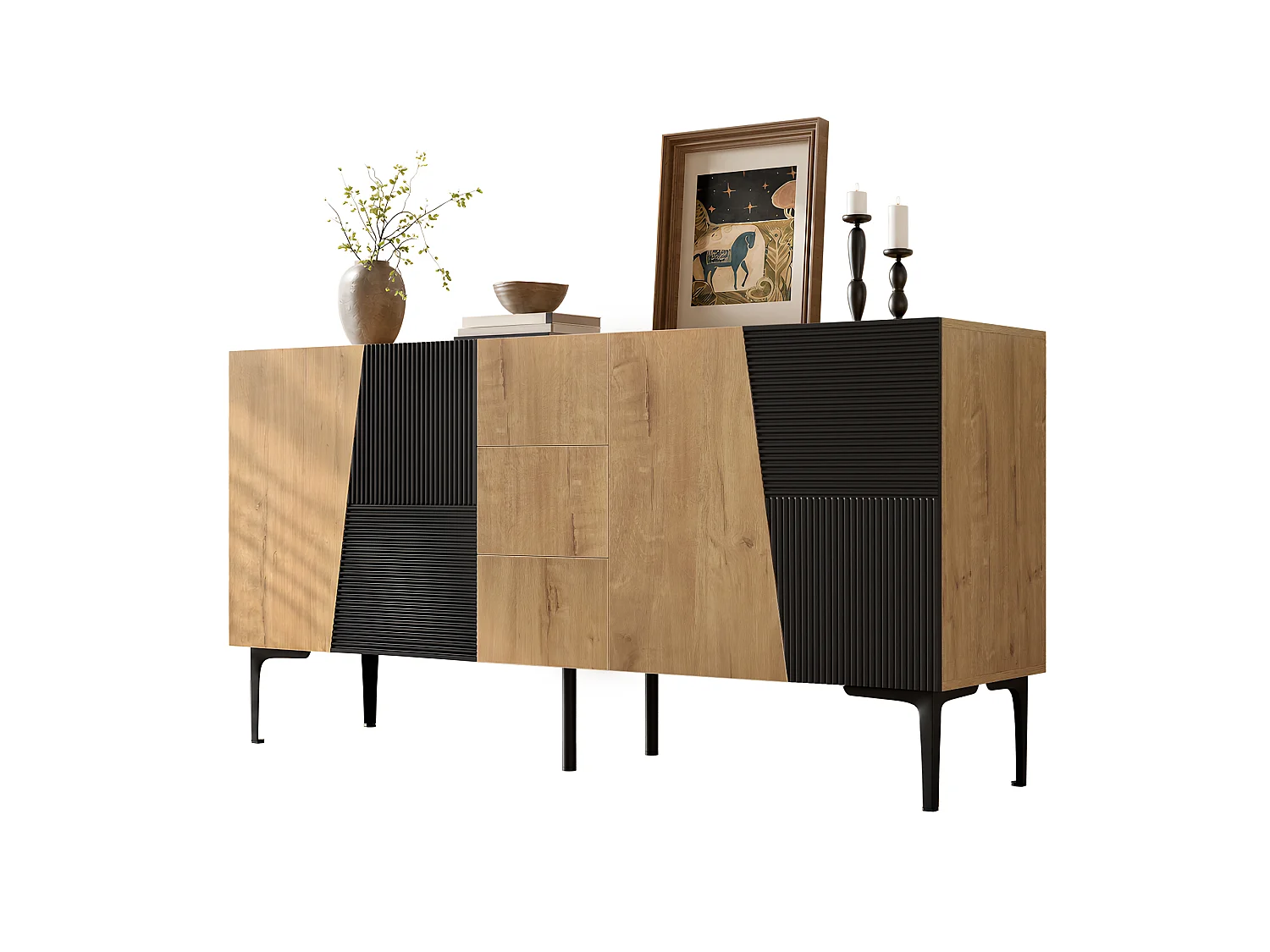 Modernt sideboard 160x40x80cm - med 3 lådor och 4 dörrar - möbelben i metall - Natur + Svart