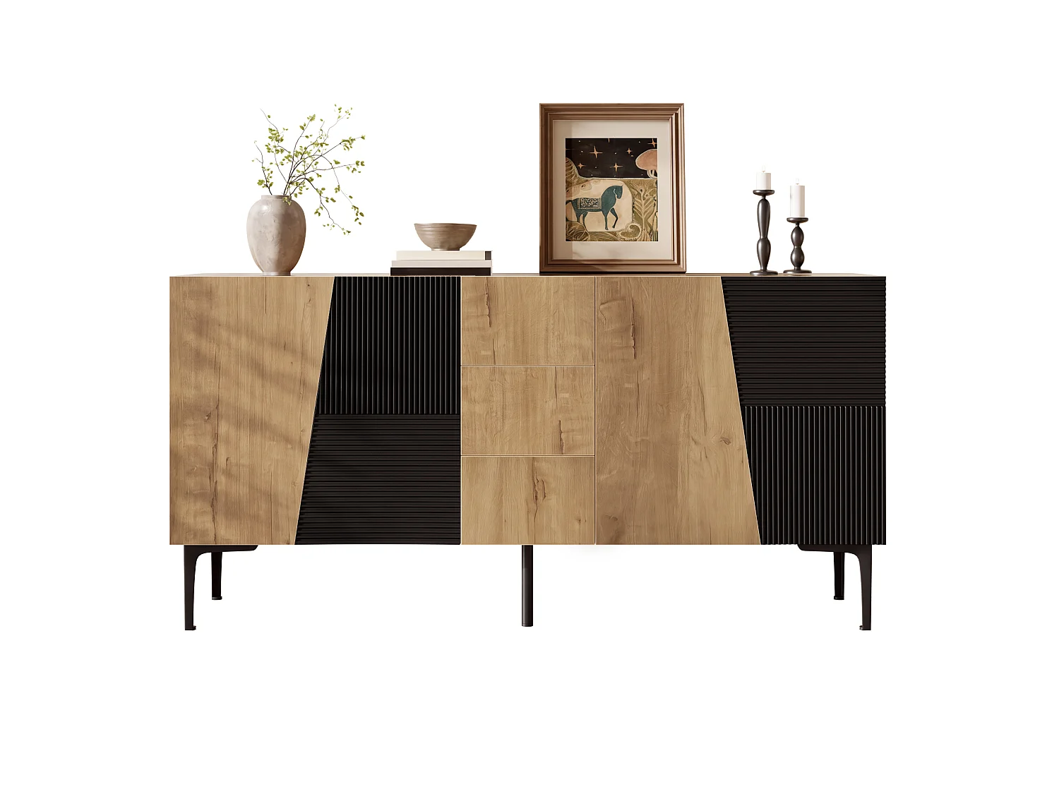 Modernt sideboard 160x40x80cm - med 3 lådor och 4 dörrar - möbelben i metall - Natur + Svart