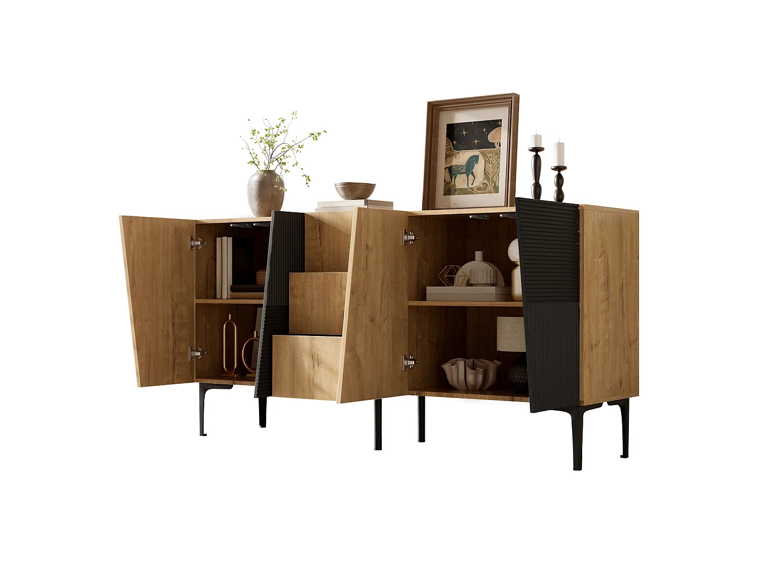 Modernt sideboard 160x40x80cm - med 3 lådor och 4 dörrar - möbelben i metall - Natur + Svart