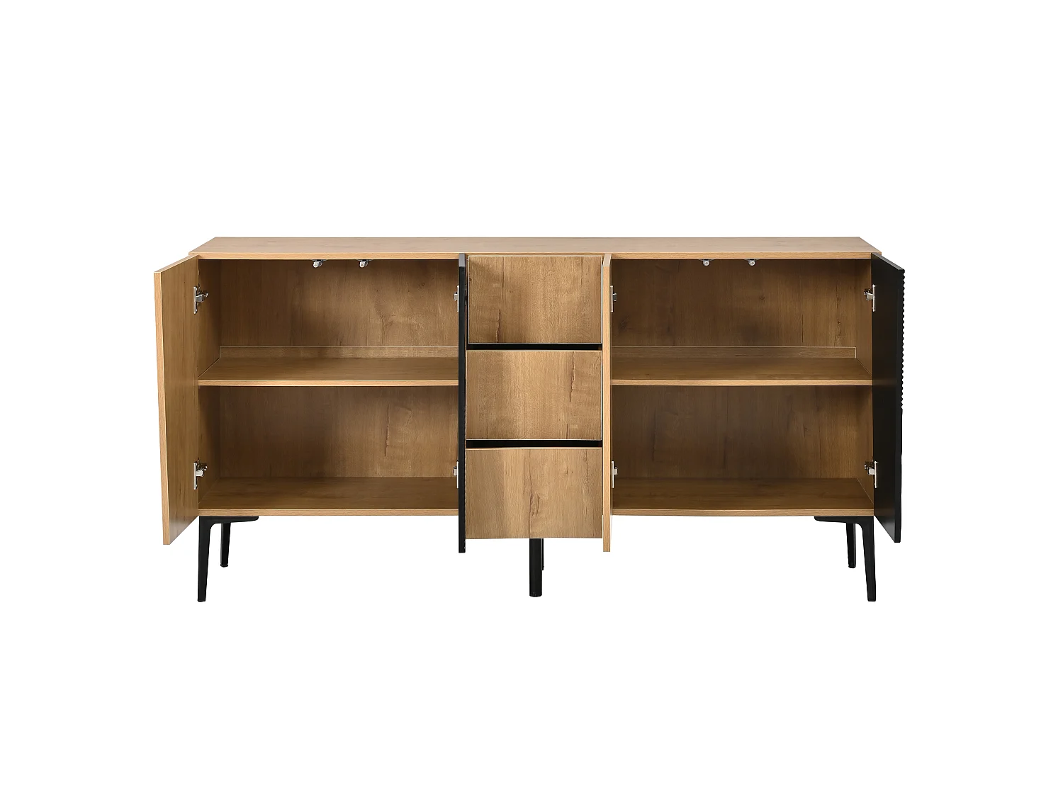 Modernt sideboard 160x40x80cm - med 3 lådor och 4 dörrar - möbelben i metall - Natur + Svart