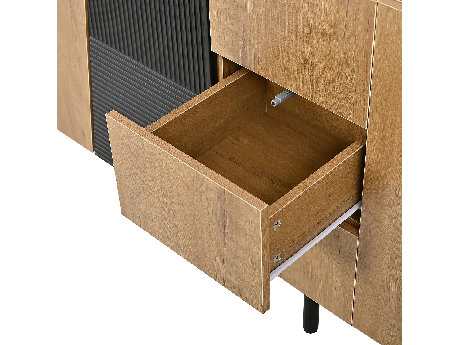 Modernt sideboard 160x40x80cm - med 3 lådor och 4 dörrar - möbelben i metall - Natur + Svart