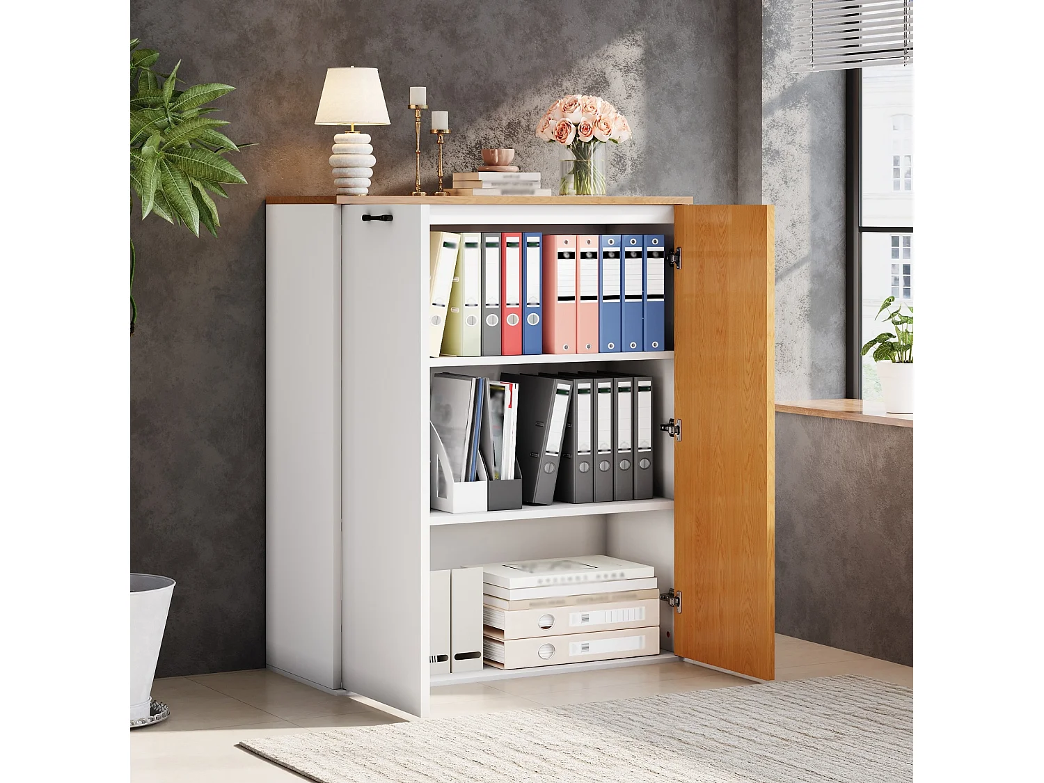Buffé/Skåp 80 x 40 x 110 cm - Med 2 dörrar - Modern förvaringsmöbel - MDF - Vit + Ek