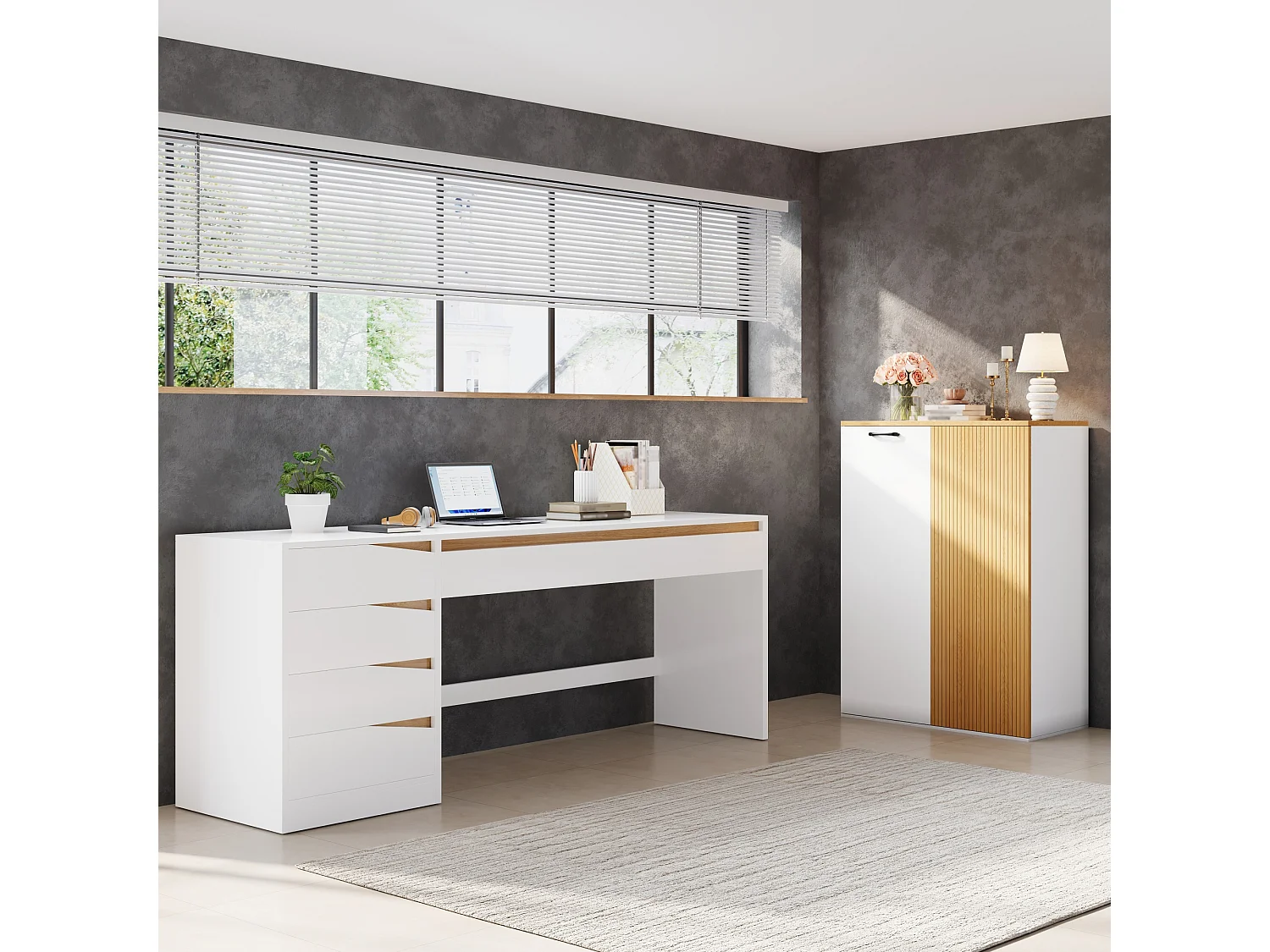 Buffé/Skåp 80 x 40 x 110 cm - Med 2 dörrar - Modern förvaringsmöbel - MDF - Vit + Ek