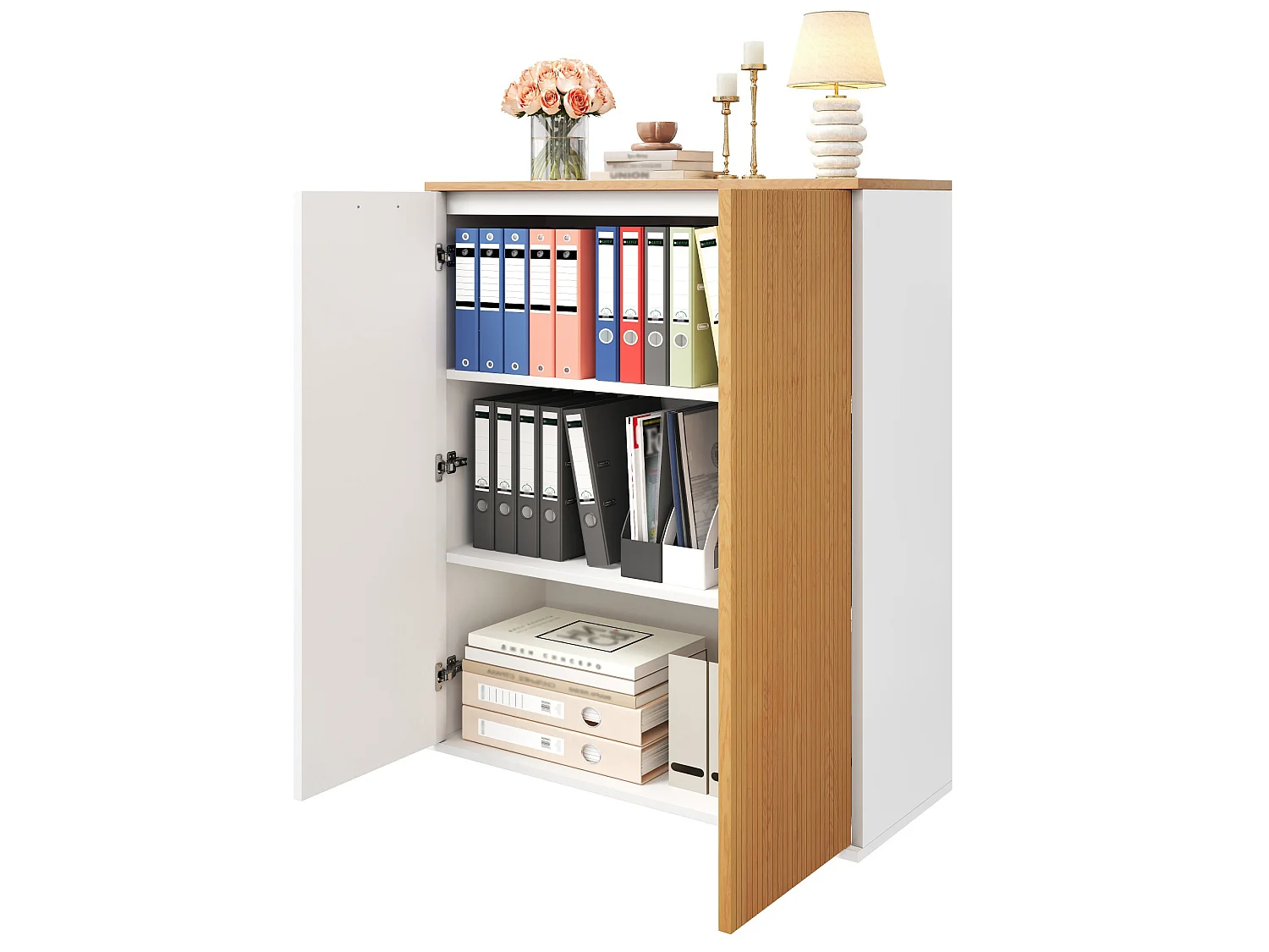 Buffé/Skåp 80 x 40 x 110 cm - Med 2 dörrar - Modern förvaringsmöbel - MDF - Vit + Ek