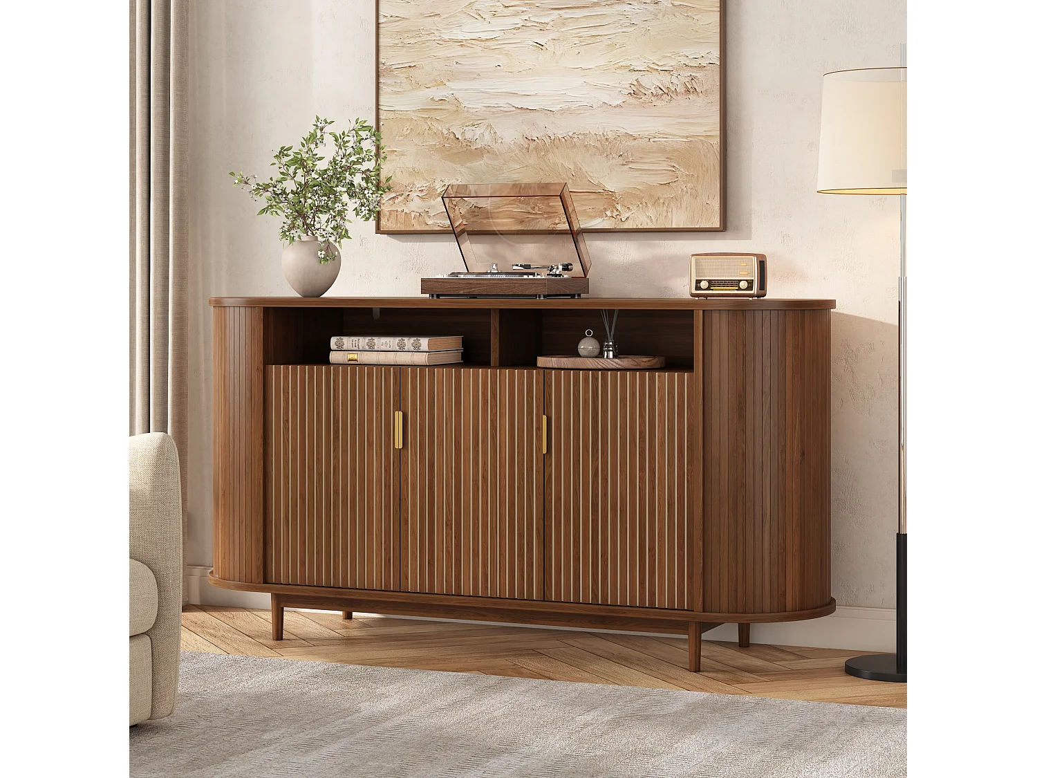 Moderne buffetkast 140 x 40 x 78 cm - Met 3 deuren - Afwerking houtimitatie - Poten van grenen - MDF - Bruin
