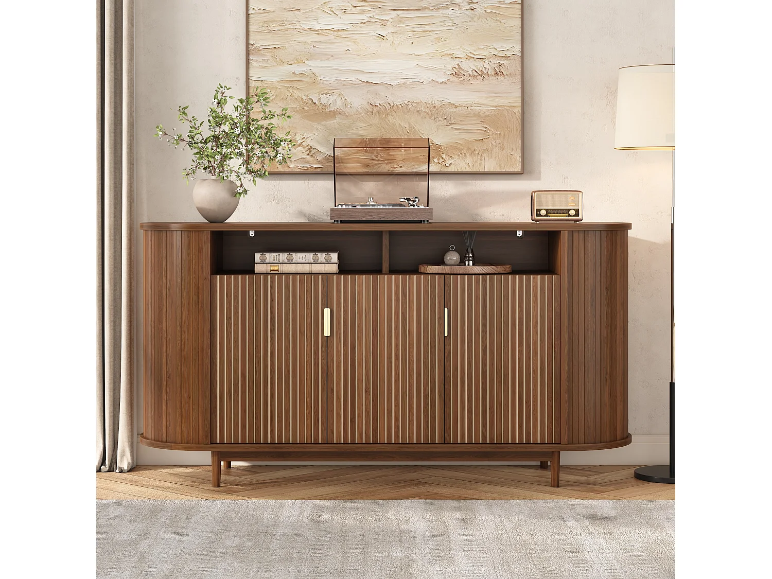 Moderne buffetkast 140 x 40 x 78 cm - Met 3 deuren - Afwerking houtimitatie - Poten van grenen - MDF - Bruin