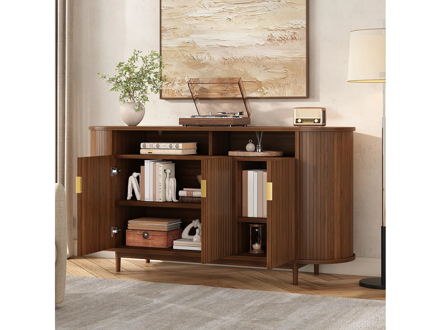 Moderne buffetkast 140 x 40 x 78 cm - Met 3 deuren - Afwerking houtimitatie - Poten van grenen - MDF - Bruin