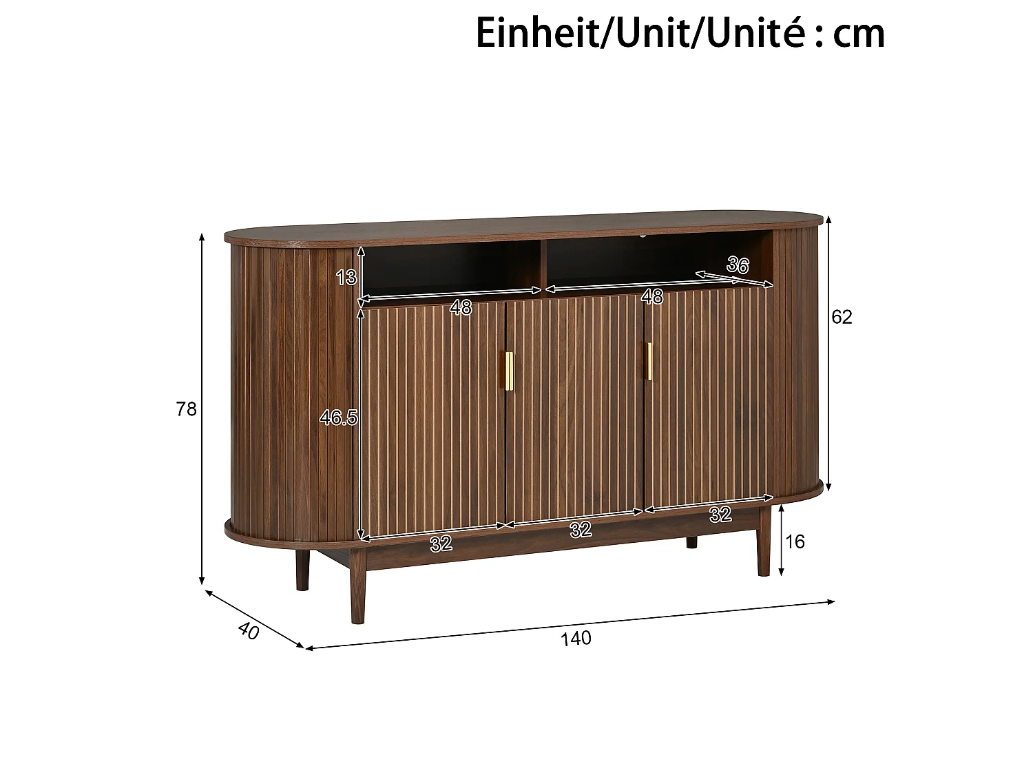 Moderne buffetkast 140 x 40 x 78 cm - Met 3 deuren - Afwerking houtimitatie - Poten van grenen - MDF - Bruin