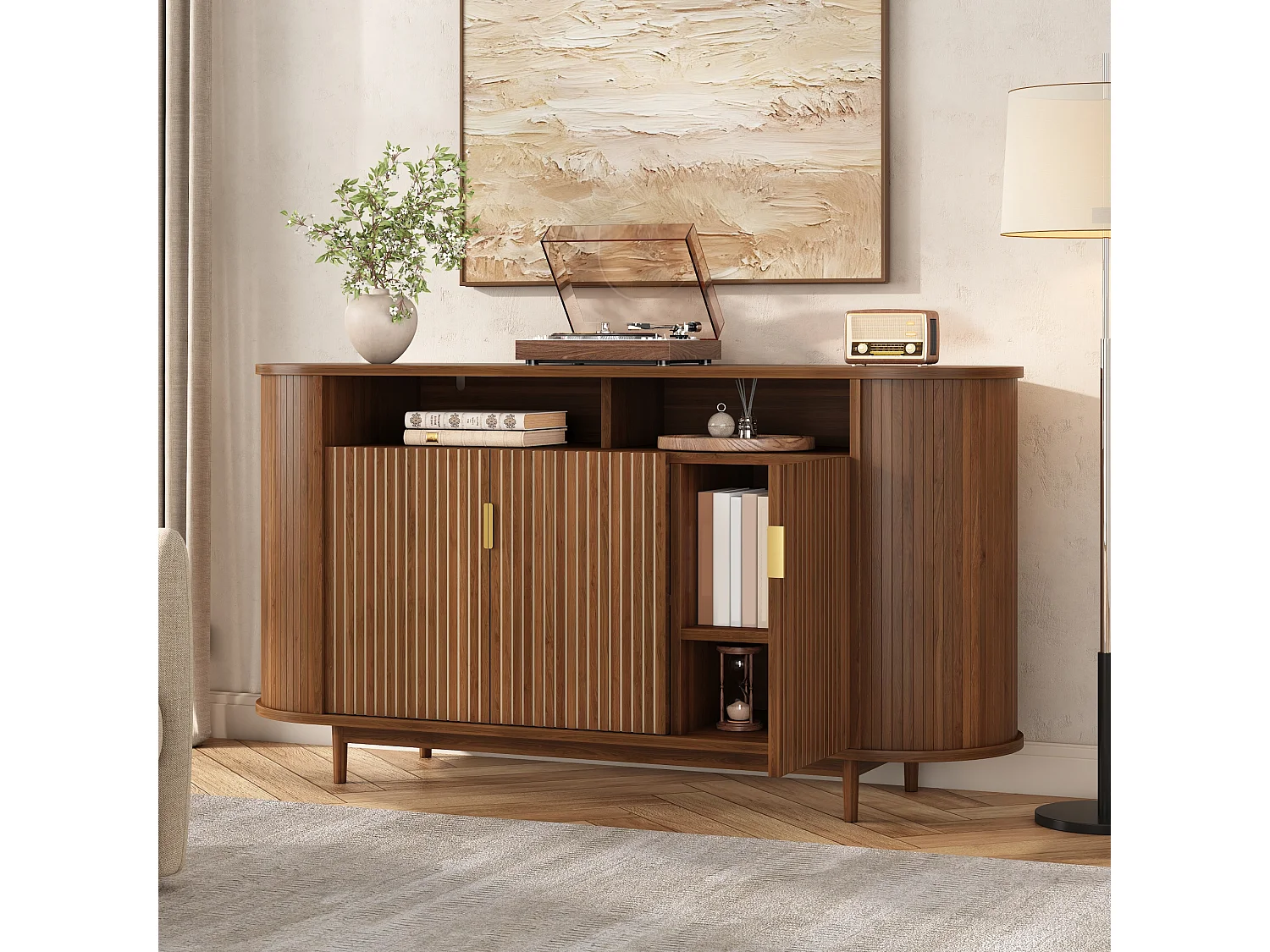 Moderne buffetkast 140 x 40 x 78 cm - Met 3 deuren - Afwerking houtimitatie - Poten van grenen - MDF - Bruin