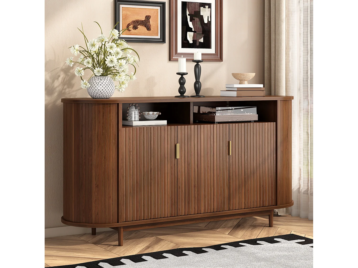 Moderne buffetkast 140 x 40 x 78 cm - Met 3 deuren - Afwerking houtimitatie - Poten van grenen - MDF - Bruin